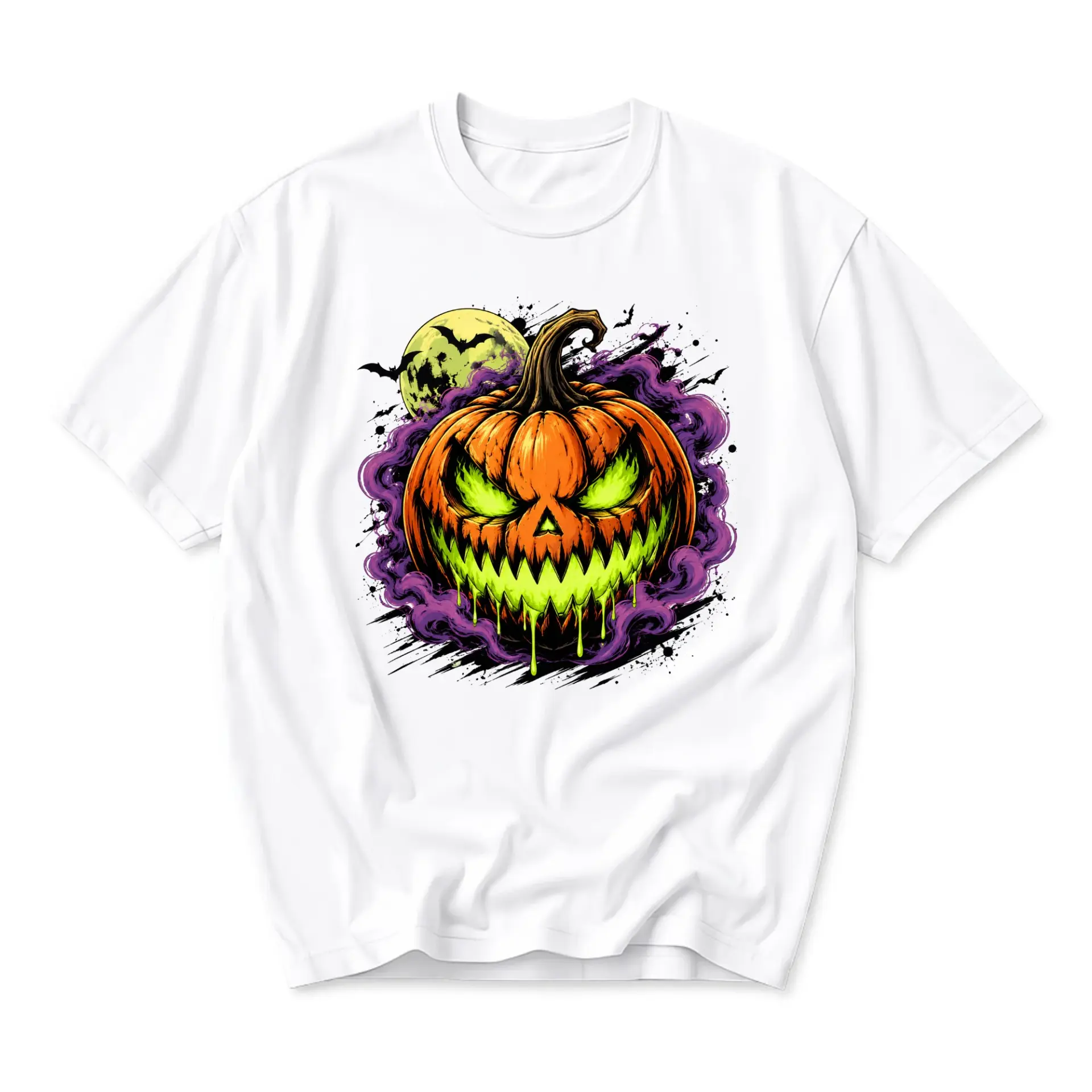 Graphic Tee Unisex Crew Neck T-Shirt Featuring Spooky Halloween Pumpkin Art with Glowing Eyes and Moon Background