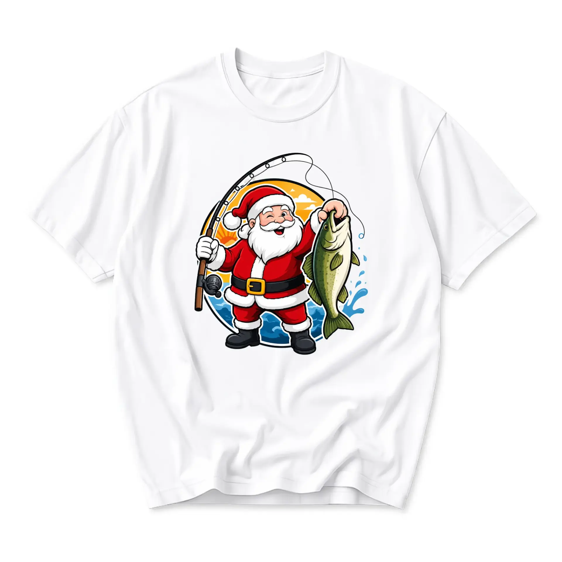 Funny Shirt Santa Claus Fishing Graphic Tee Unisex Short Sleeve Casual