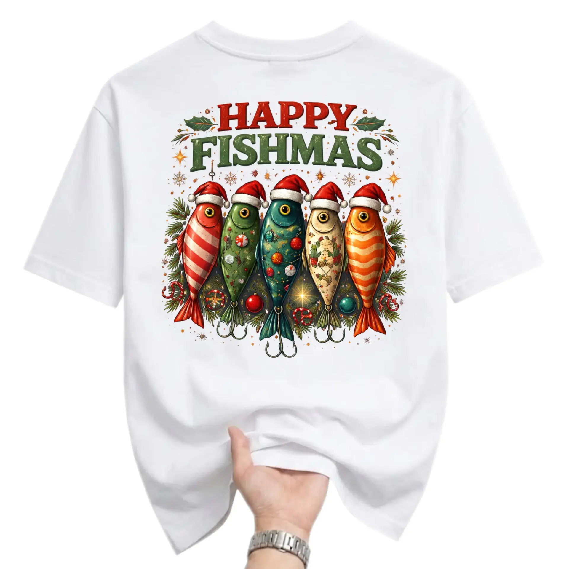 Funny Shirt Happy Fishmas Christmas Fishing Holiday Graphic Tee Unisex Short Sleeve Crew Neck Casual Cotton Top
