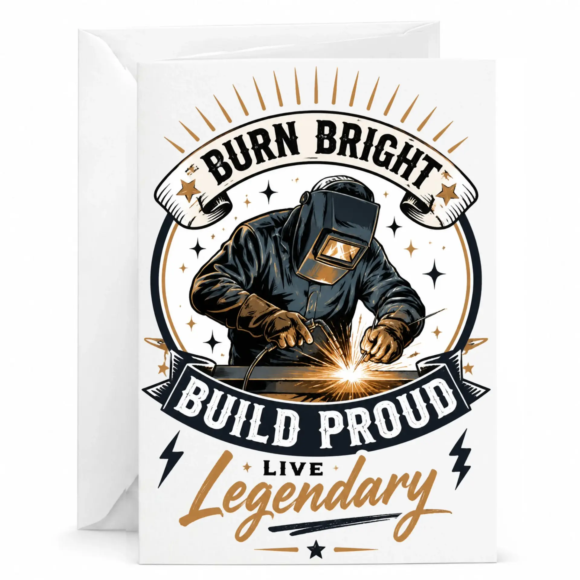 Funny Welder Greeting Card Burn Bright Build Proud Live Illustration for Trade Professional Appreciation