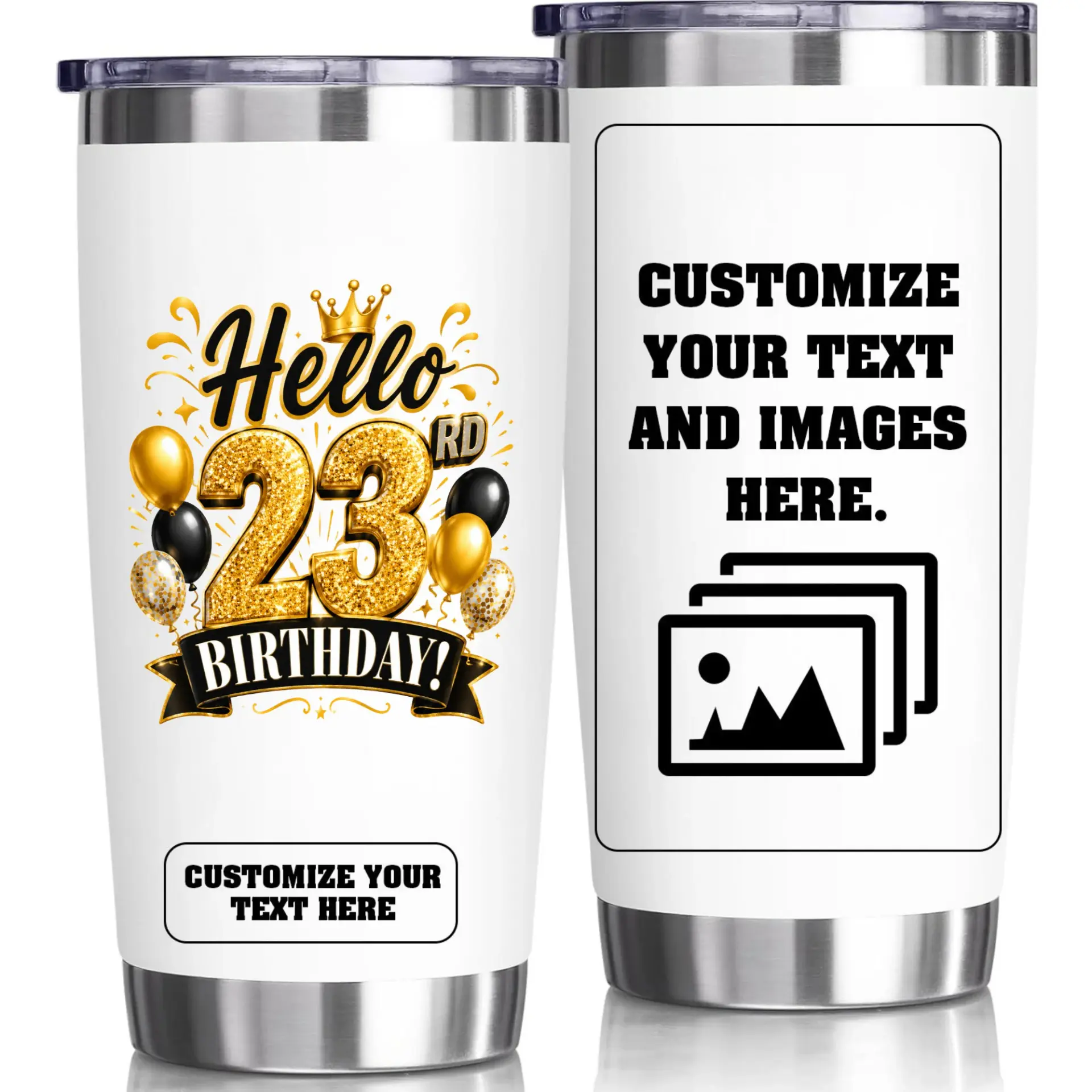 Stainless Steel Tumbler 20oz Personalized Birthday Cup Gold Balloons Design Custom Insulated Drinkware Travel Mug