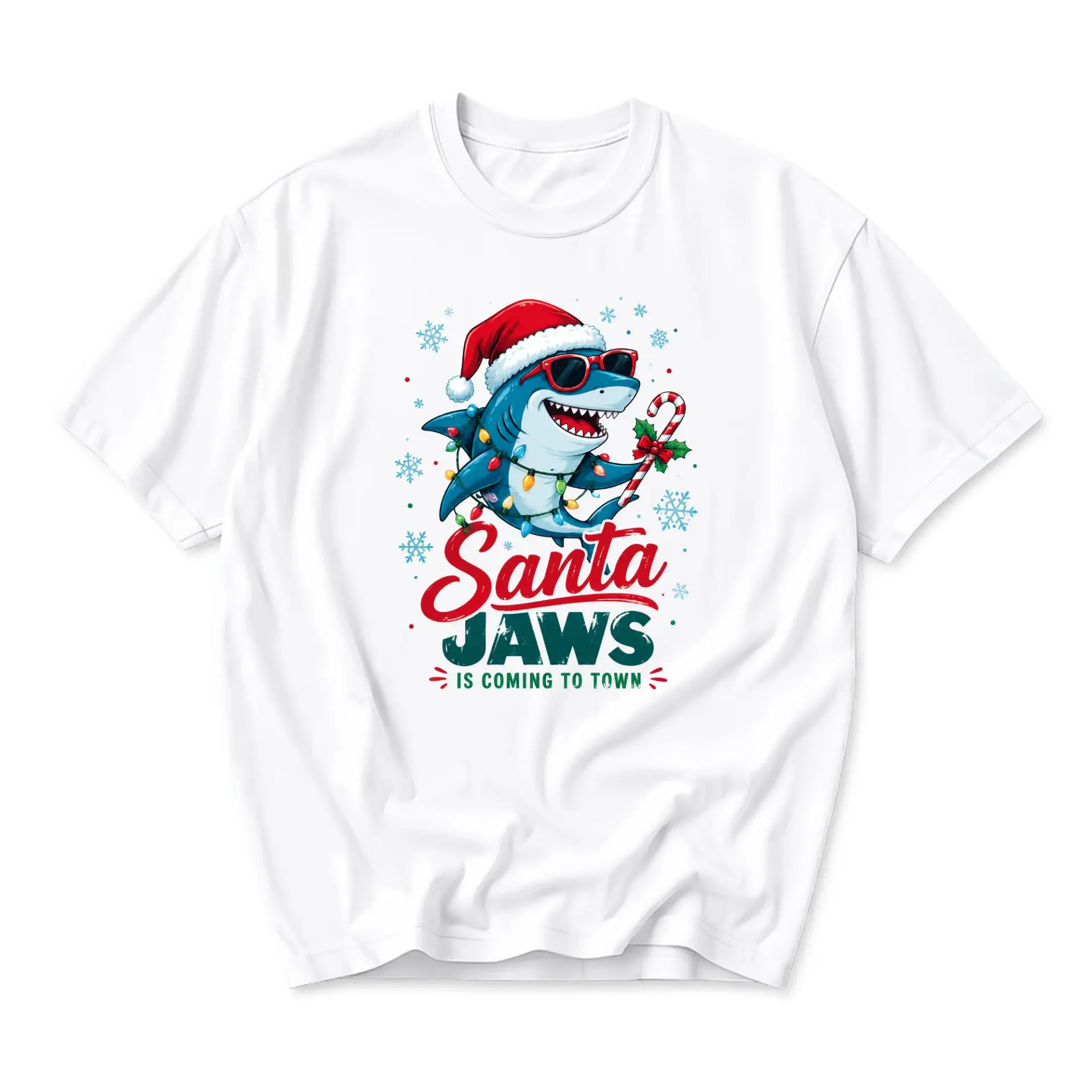 Funny Shirt Santa Shark Christmas Graphic Tee Unisex Crew Neck Short Sleeve
