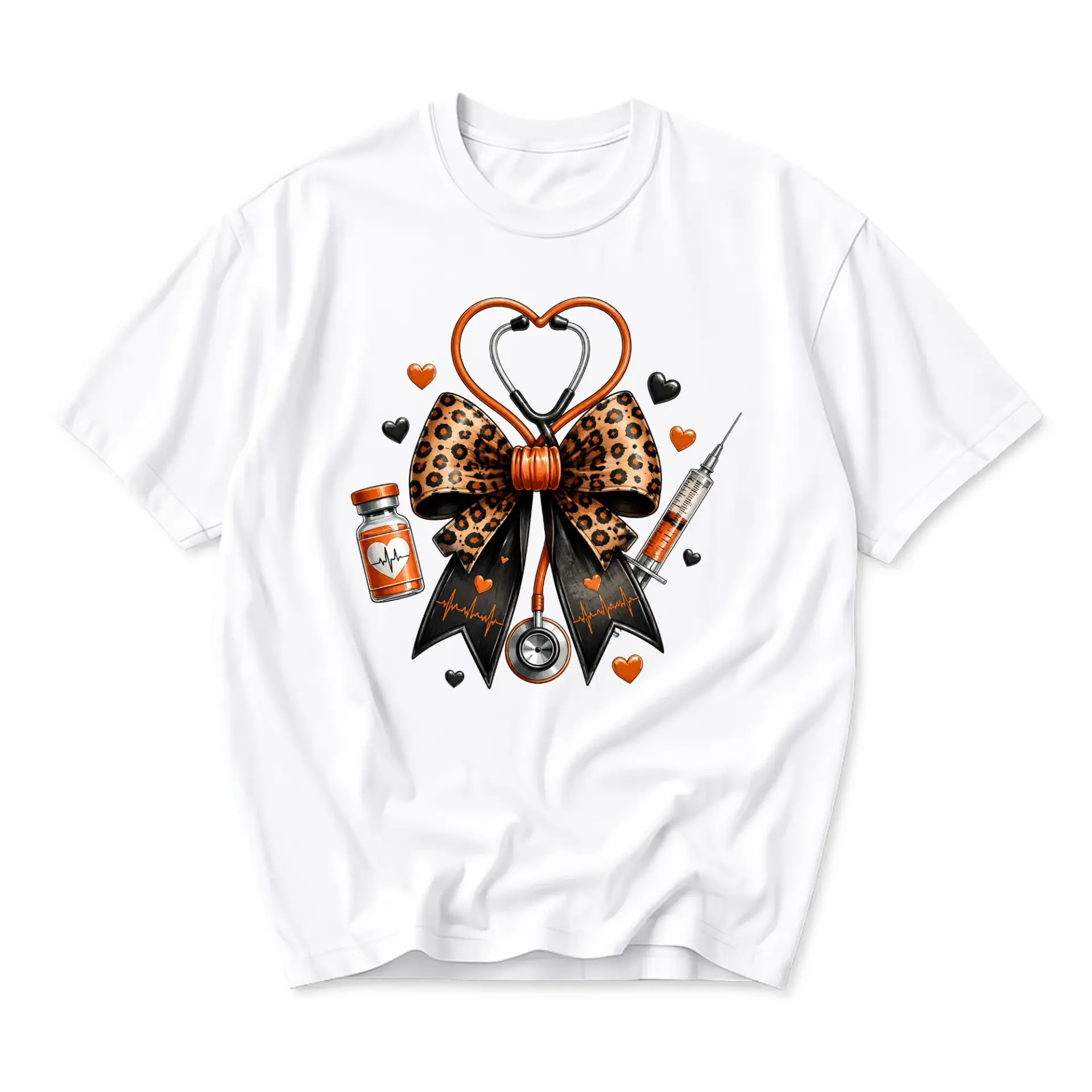 Graphic Tee Unisex Medical Professional Theme Shirt Featuring Stethoscope Bow and Healthcare Equipment Design