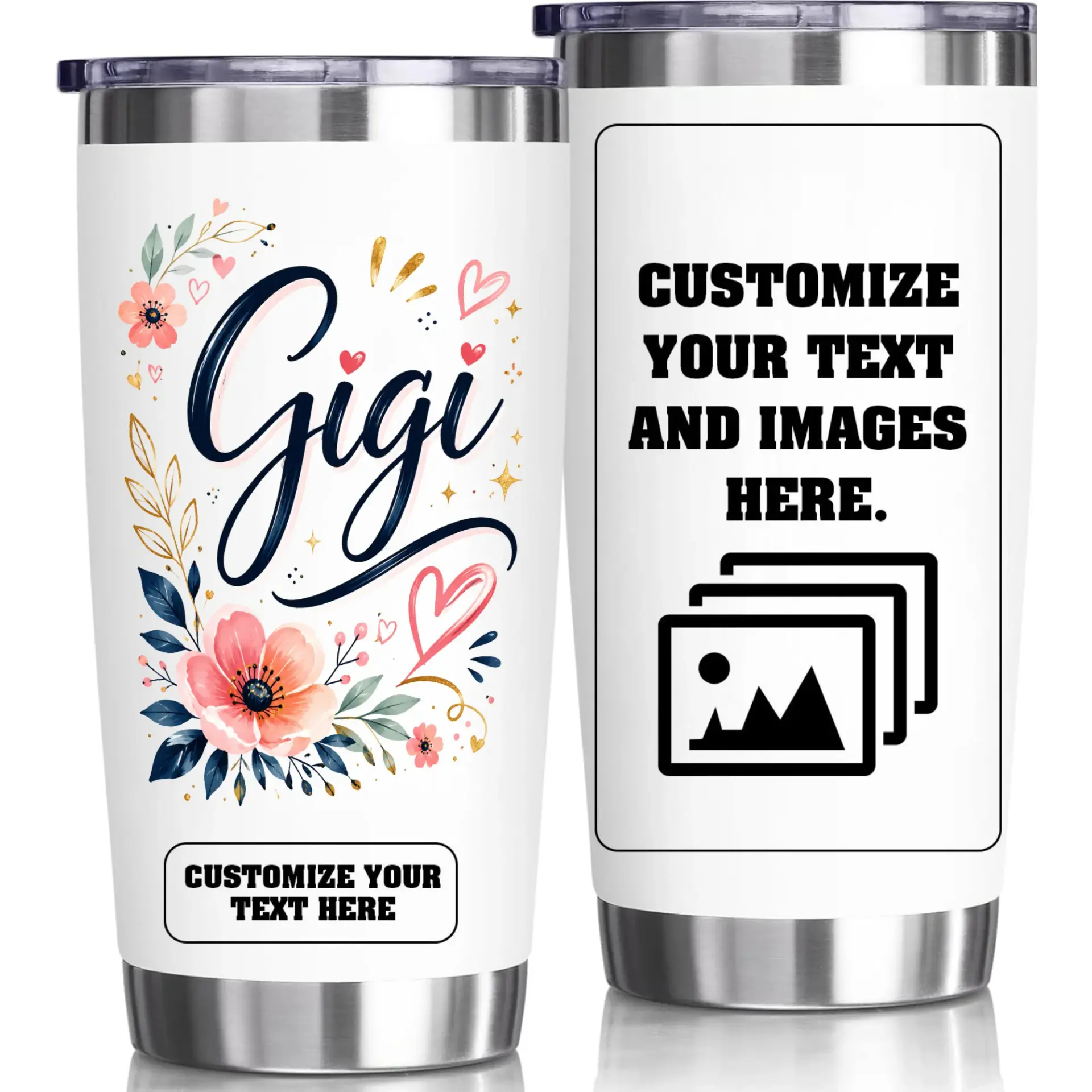 Stainless Steel Tumbler 20oz Insulated Travel Cup Personalized Floral Design for Gigi Custom Beverage Holder