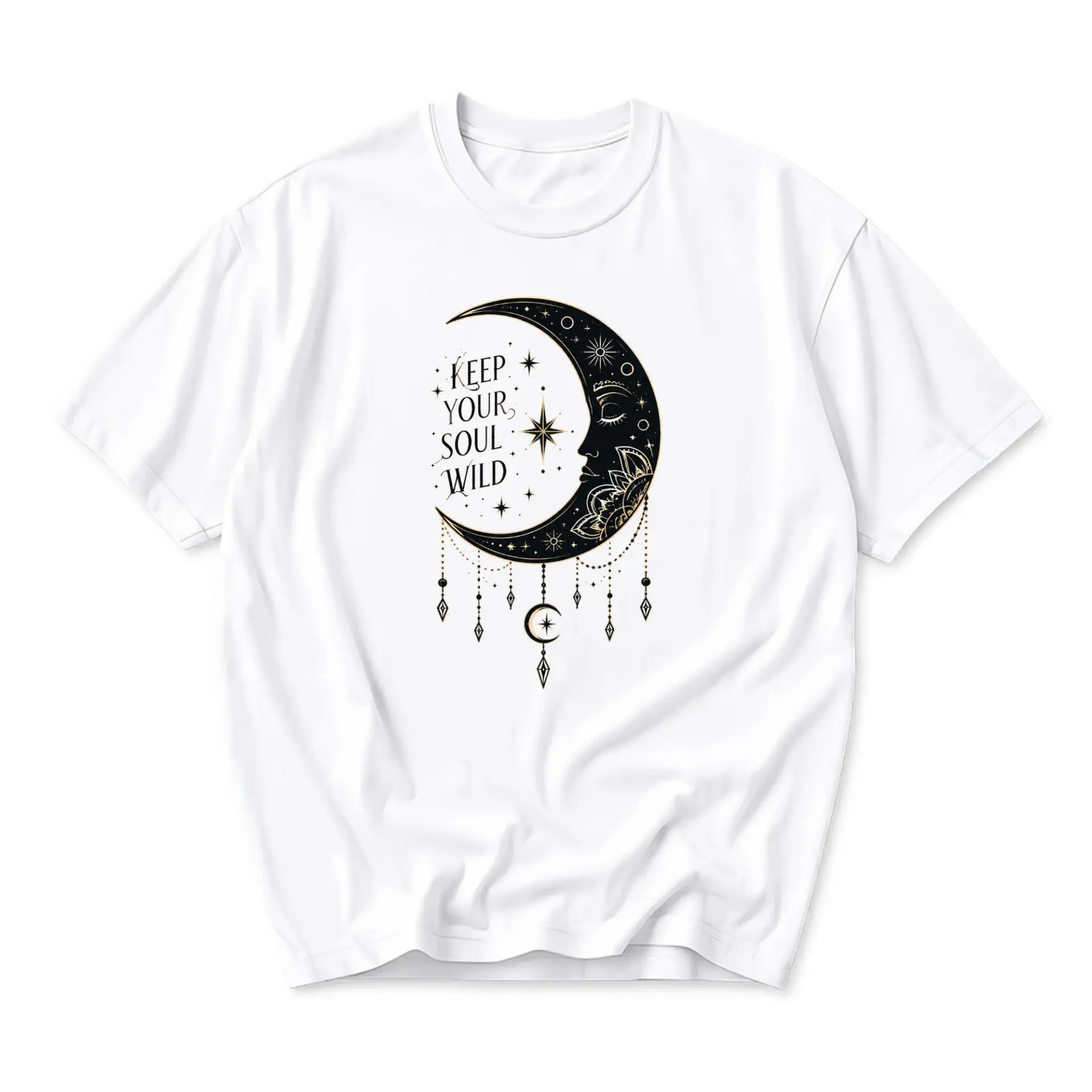 Graphic Tee Keep Your Soul Wild Celestial Moon Design White Cotton Blend Unisex Crew Neck Short Sleeve Apparel
