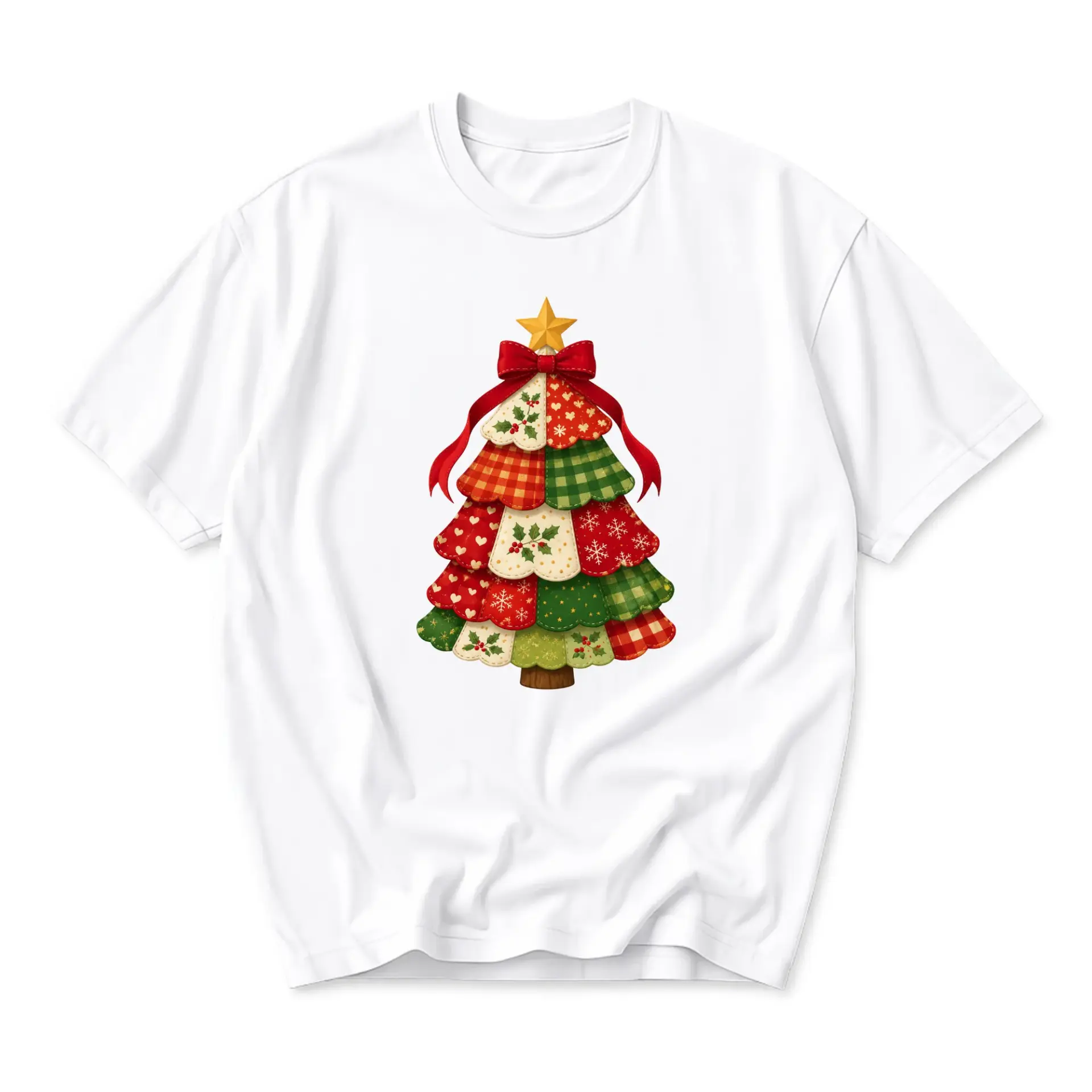 Graphic Tee Unisex Crew Neck T-Shirt Featuring a Decorative Patchwork Christmas Tree Design for Seasonal Casual Wear