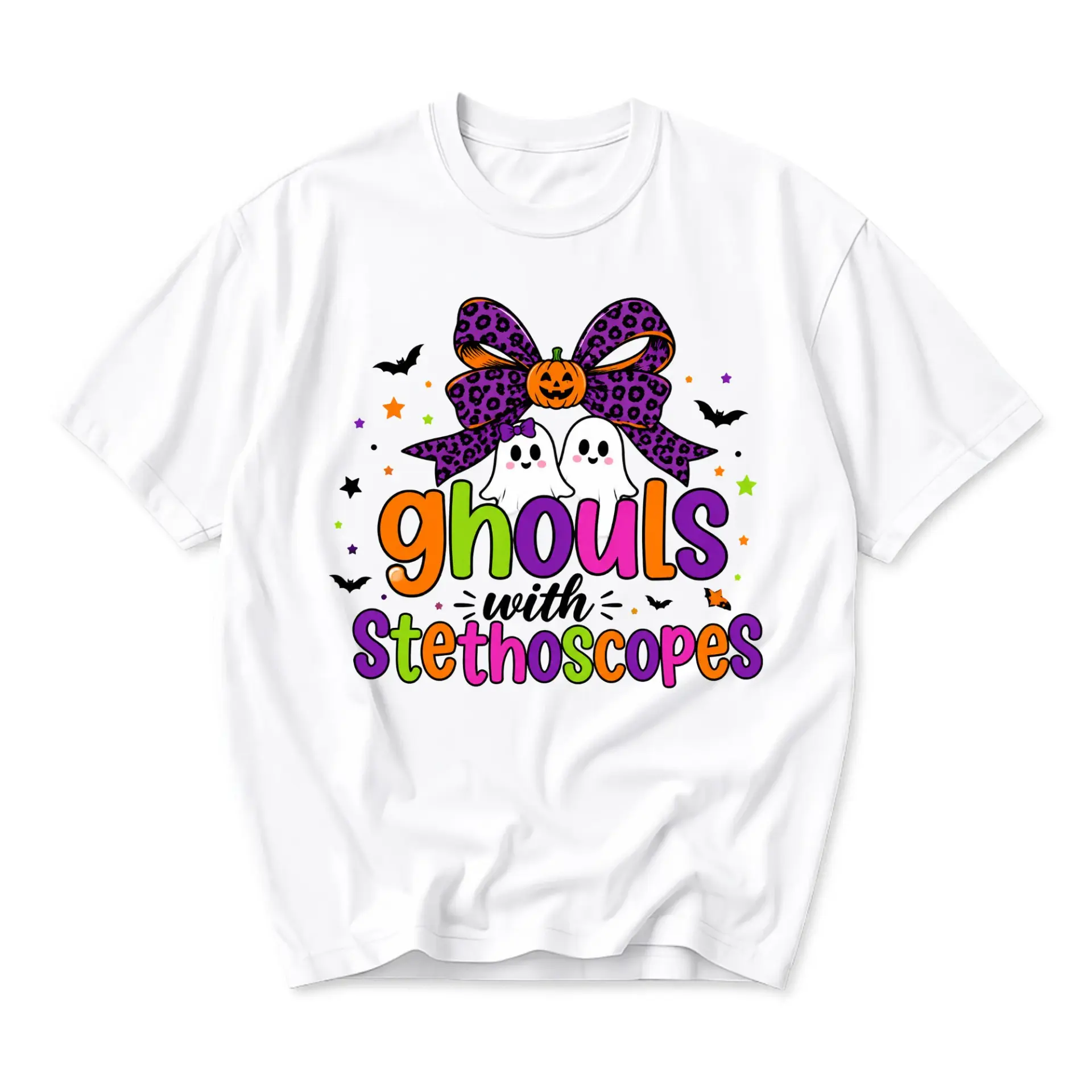 Funny Shirt Ghouls with Stethoscopes Halloween Graphic Tee Unisex Casual Crew Neck Comfortable Cotton Blend Top