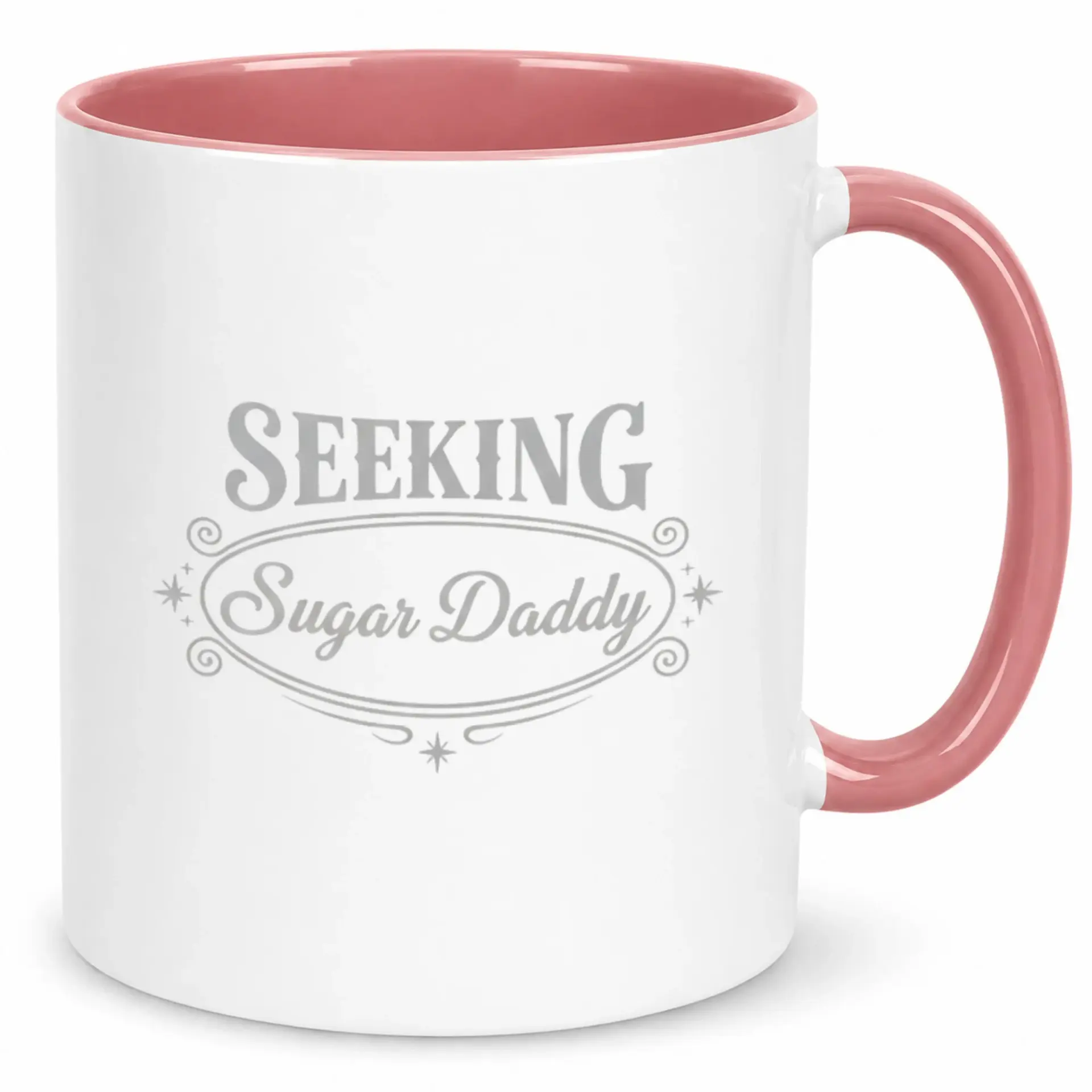 Funny Sugar Seeking Ceramic Coffee Mug with Pink Handle and Interior Humorous Novelty Drinkware for Adults