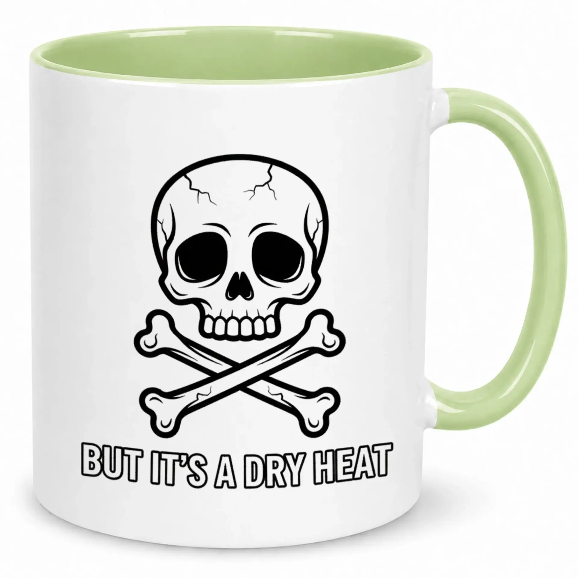 Funny Skull Crossbones Coffee Mug with Humorous Dry Heat Saying, Unique Ceramic Drinkware for Home and Office, 11oz or 15oz