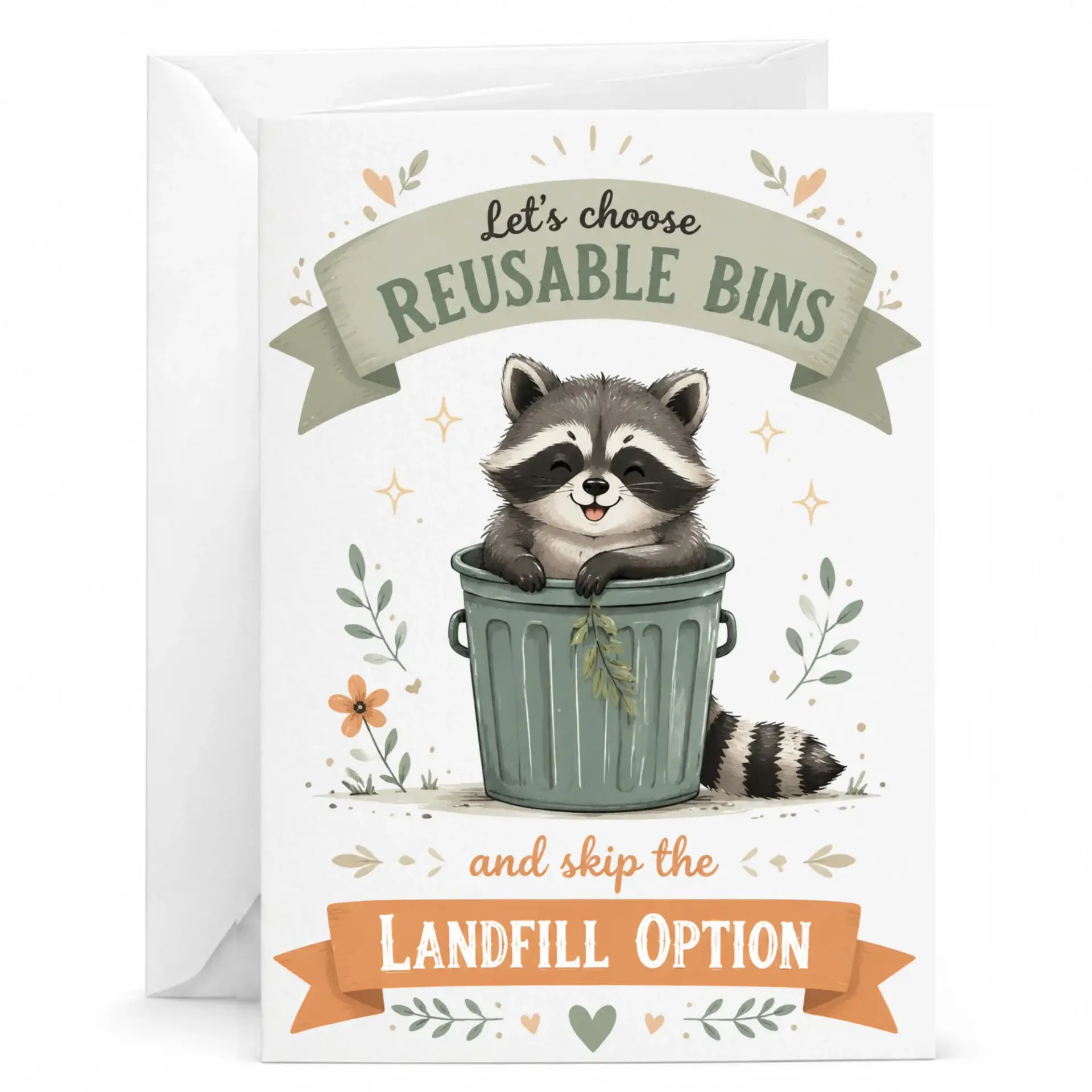 Funny Raccoon Greeting Card Let's Choose Reusable Bins Eco Friendly Stationery for Environmental Enthusiasts