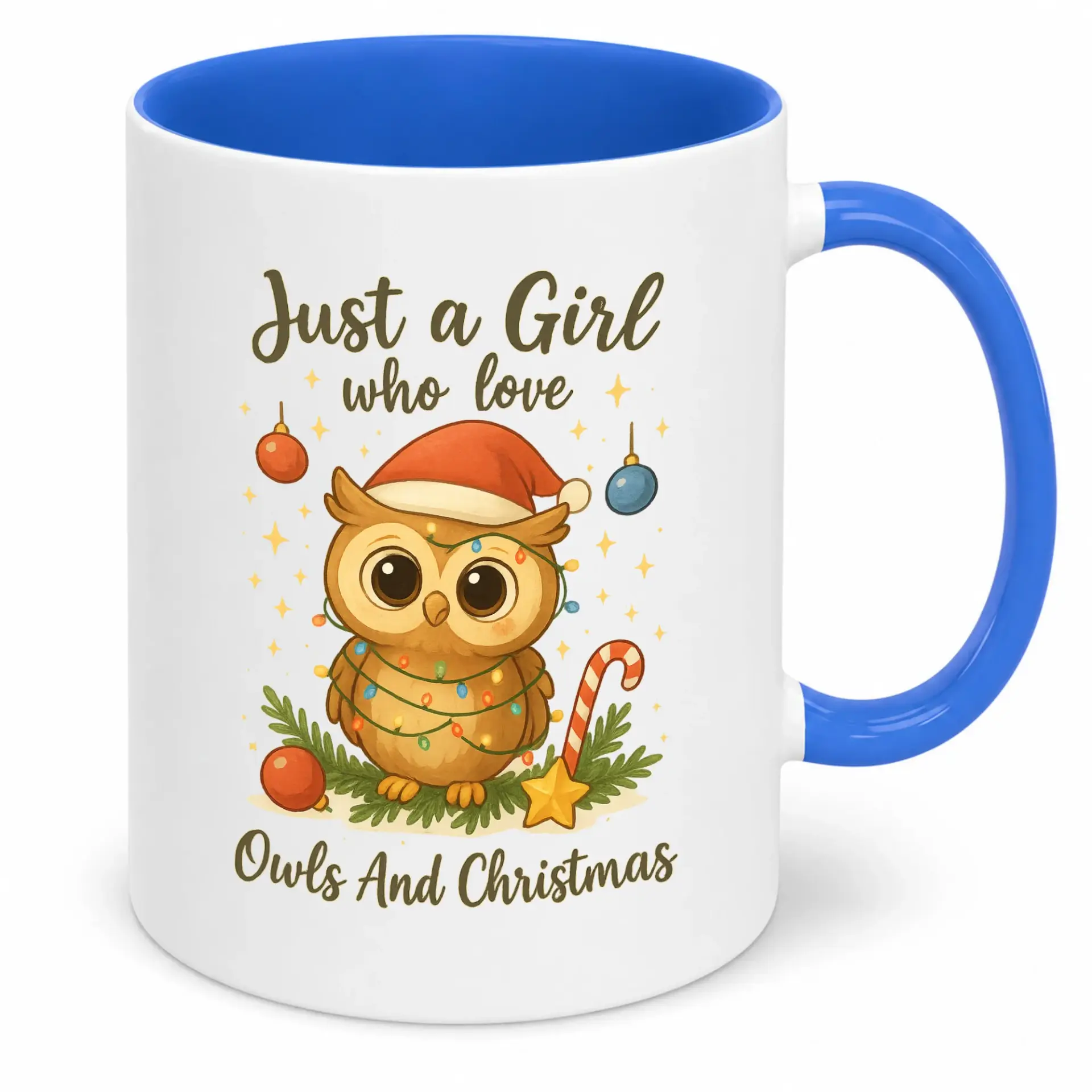 Christmas Owl Coffee Mug for Women, Ceramic Hot Cocoa Tea Cup with Festive Design, Just a Girl Who Loves Owls and Christmas, 11oz or 15oz Capacity, Blue Handle