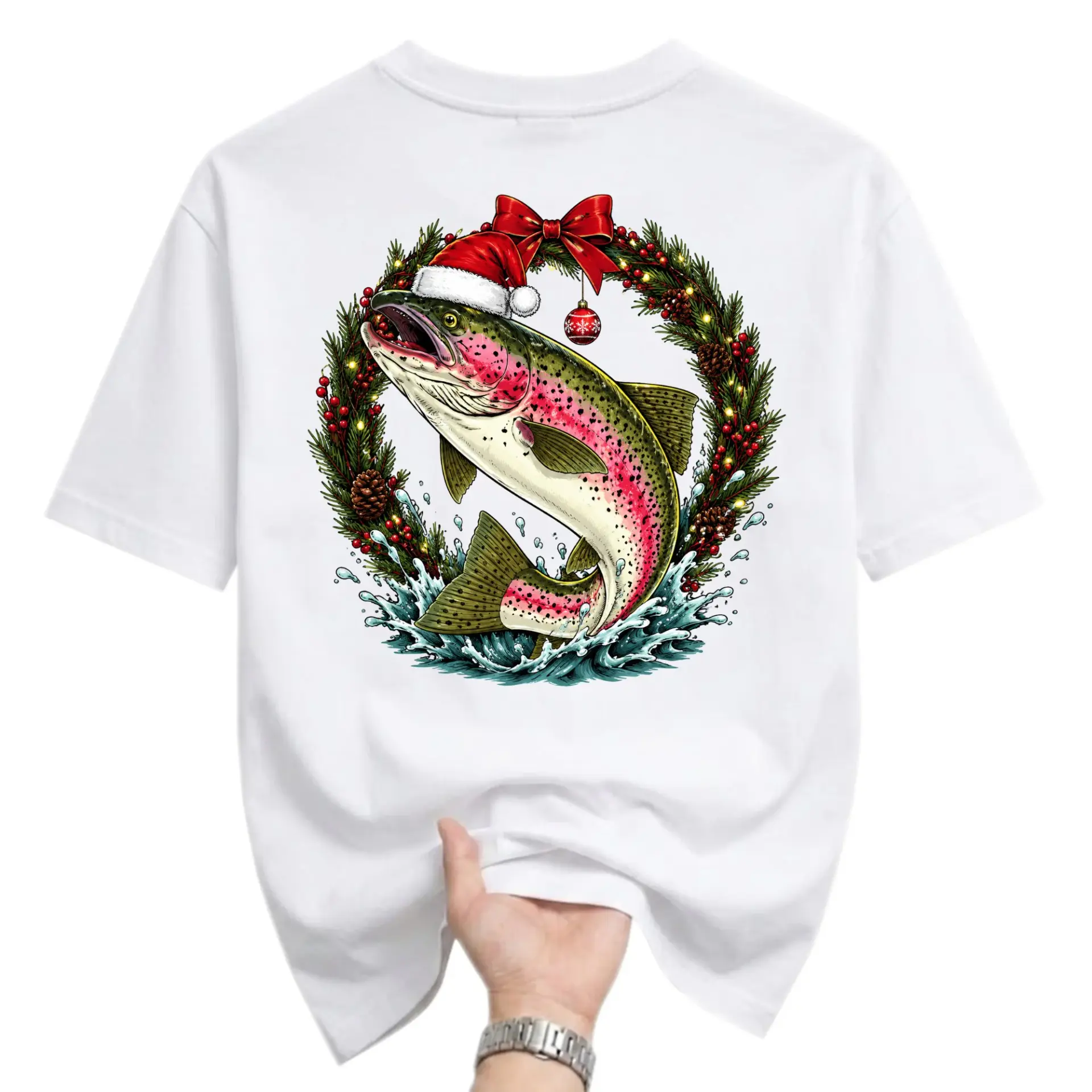 Graphic Tee Christmas Fishing Holiday T-Shirt Featuring a Festive Rainbow