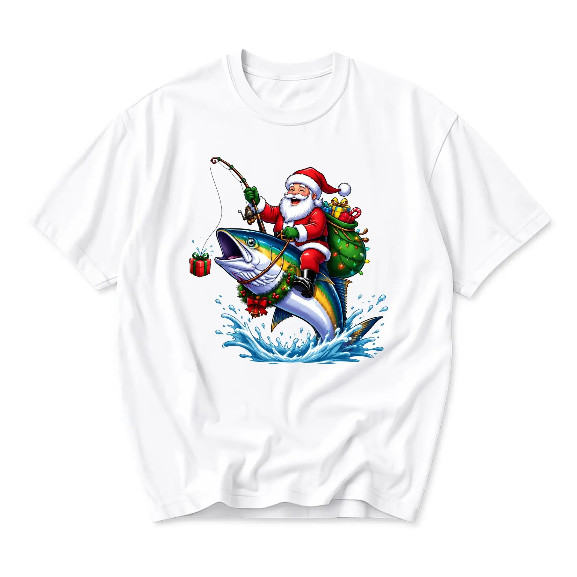 Funny Shirt Christmas Fishing Santa Graphic Tee Holiday Unisex Crew Neck