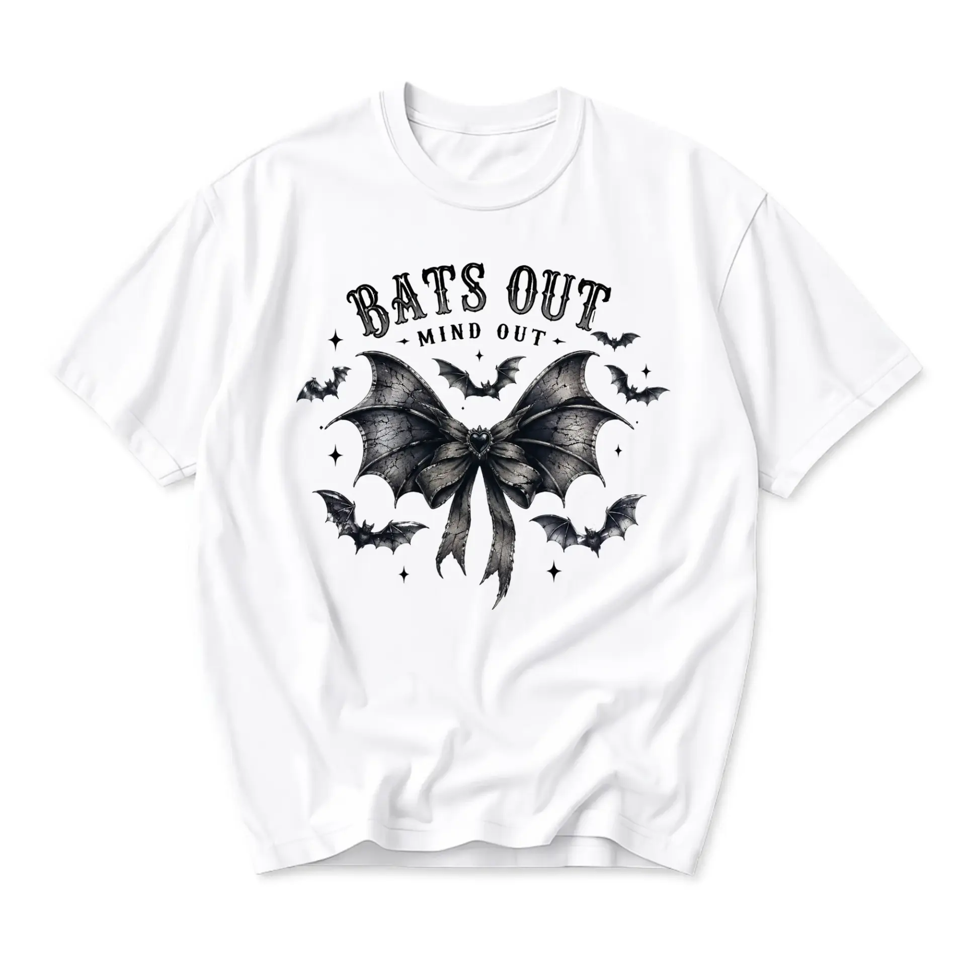 Graphic Tee Bats Out Mind Out Vintage Style Gothic Illustration Unisex Crew Neck Soft Cotton Casual Everyday Shirt