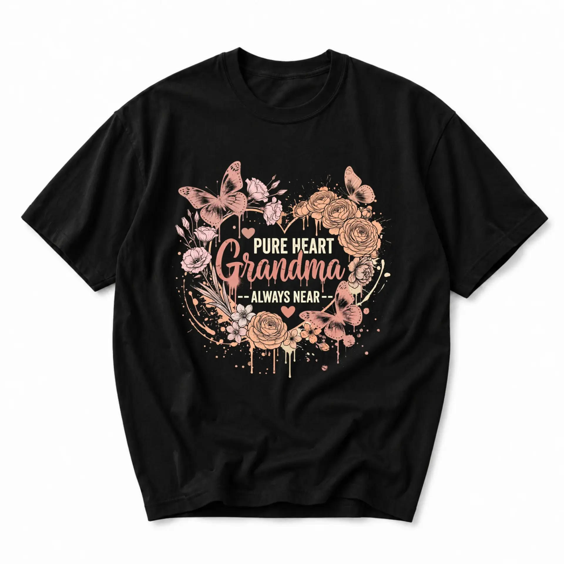T-shirt Pure Heart Grandma Always Near Floral Butterfly Graphic Tee Unisex Casual Cotton Crew Neck Soft Everyday Top