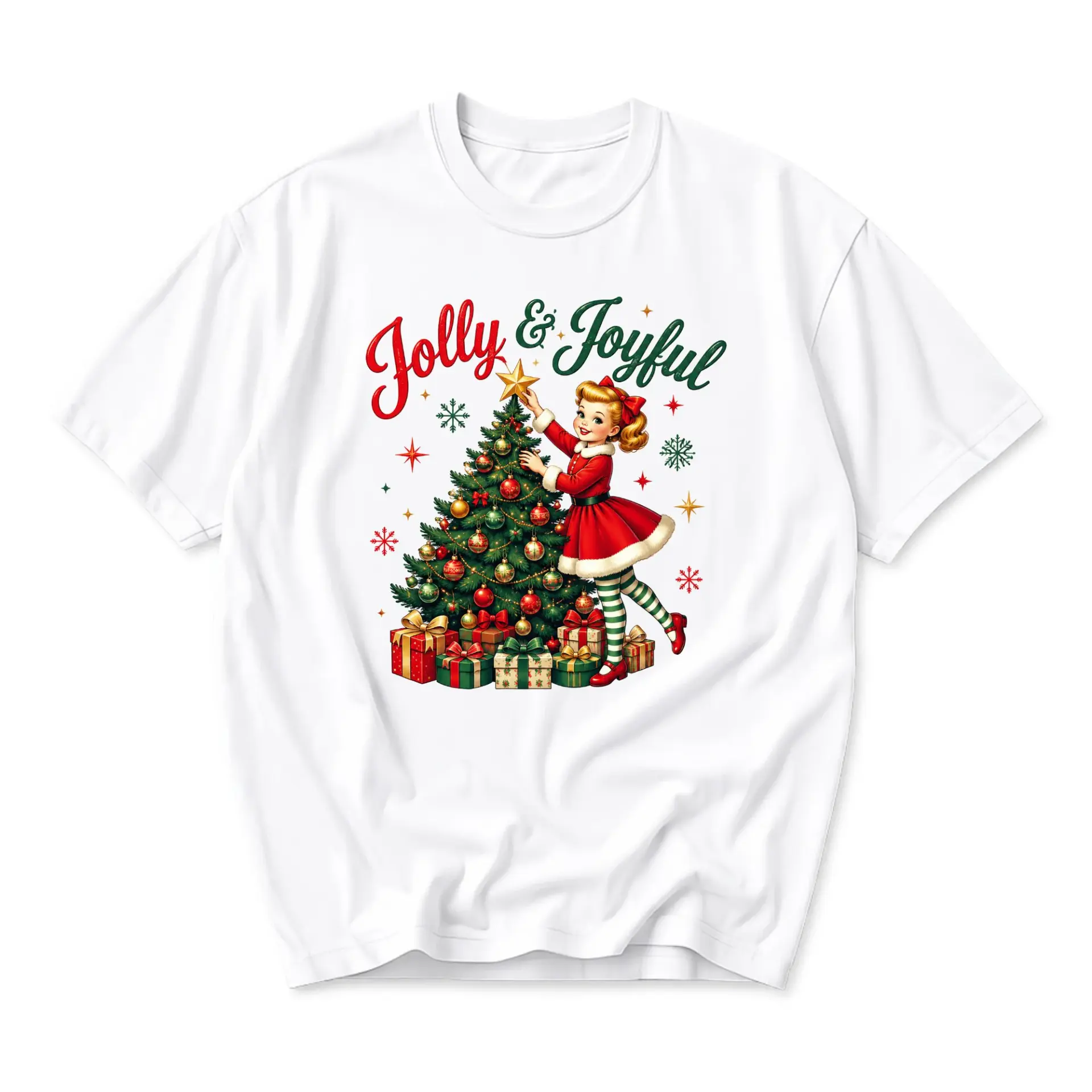 T-shirt Jolly and Joyful Christmas Holiday Graphic Tee Retro Seasonal Illustration Unisex Cotton Casual Apparel Top