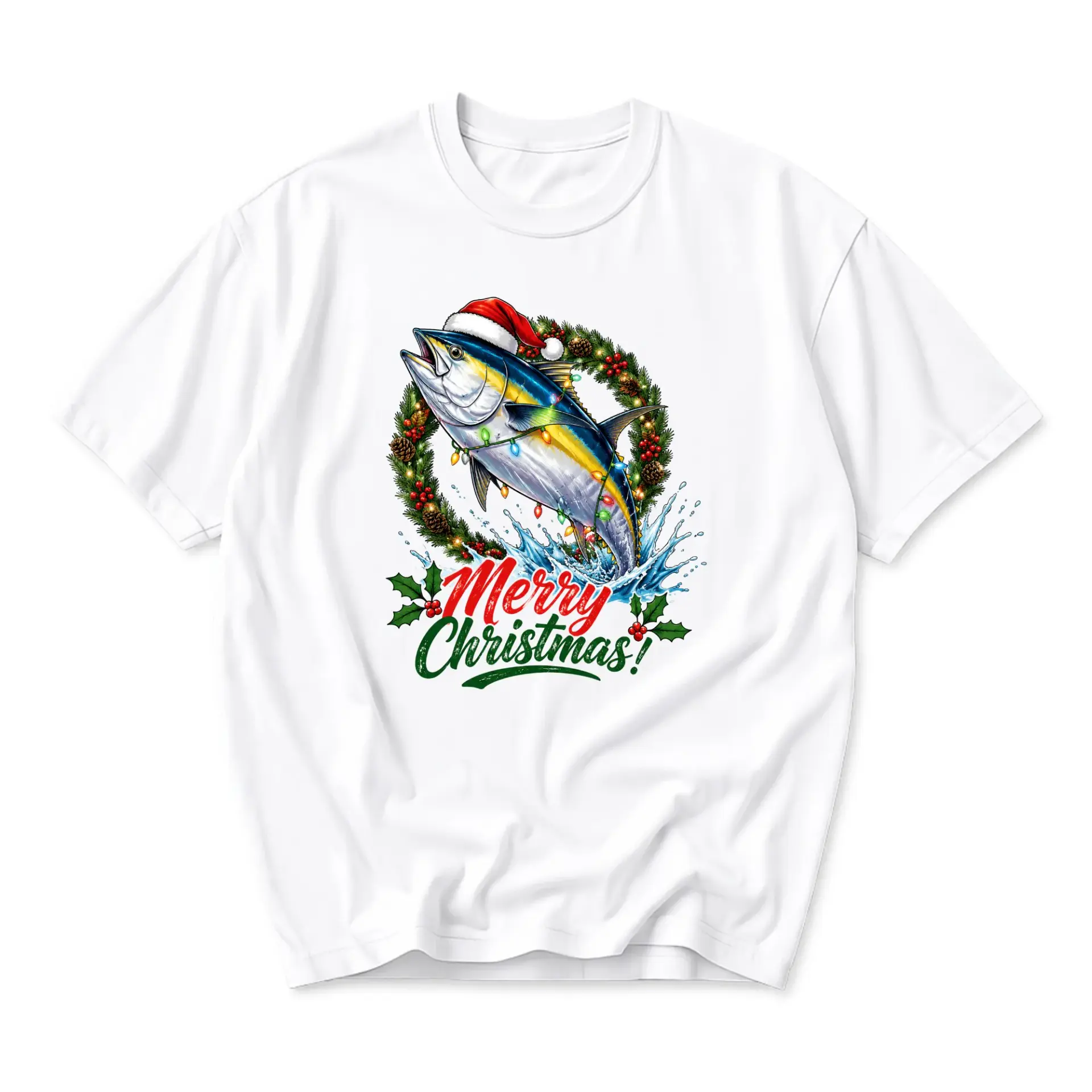 T-shirt Merry Christmas Fish Graphic Tee Holiday Season Apparel Unisex Crew Neck Short Sleeve Top White Shirt