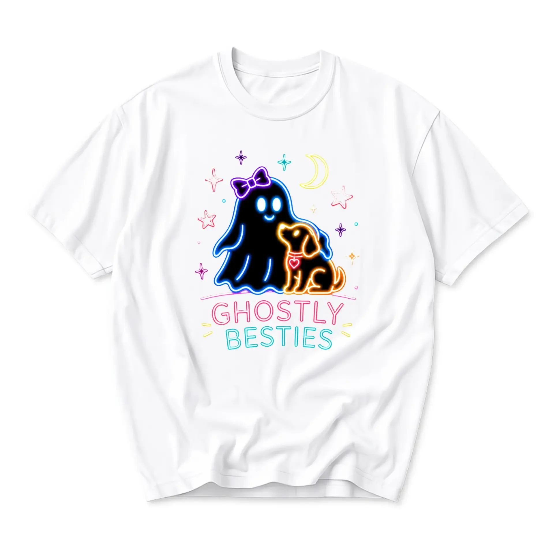 Funny Shirt Ghostly Besties Graphic Tee Cute Neon Style Apparel Casual Cotton Blend Unisex Crew Neck Short Sleeve Top