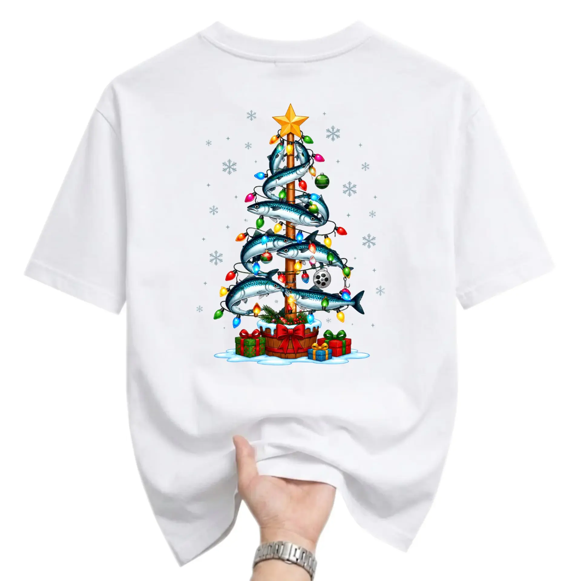 Graphic Tee Christmas Fishing Tree Holiday Unisex T-Shirt Seasonal Casual Apparel for Everyday Comfort Wear White
