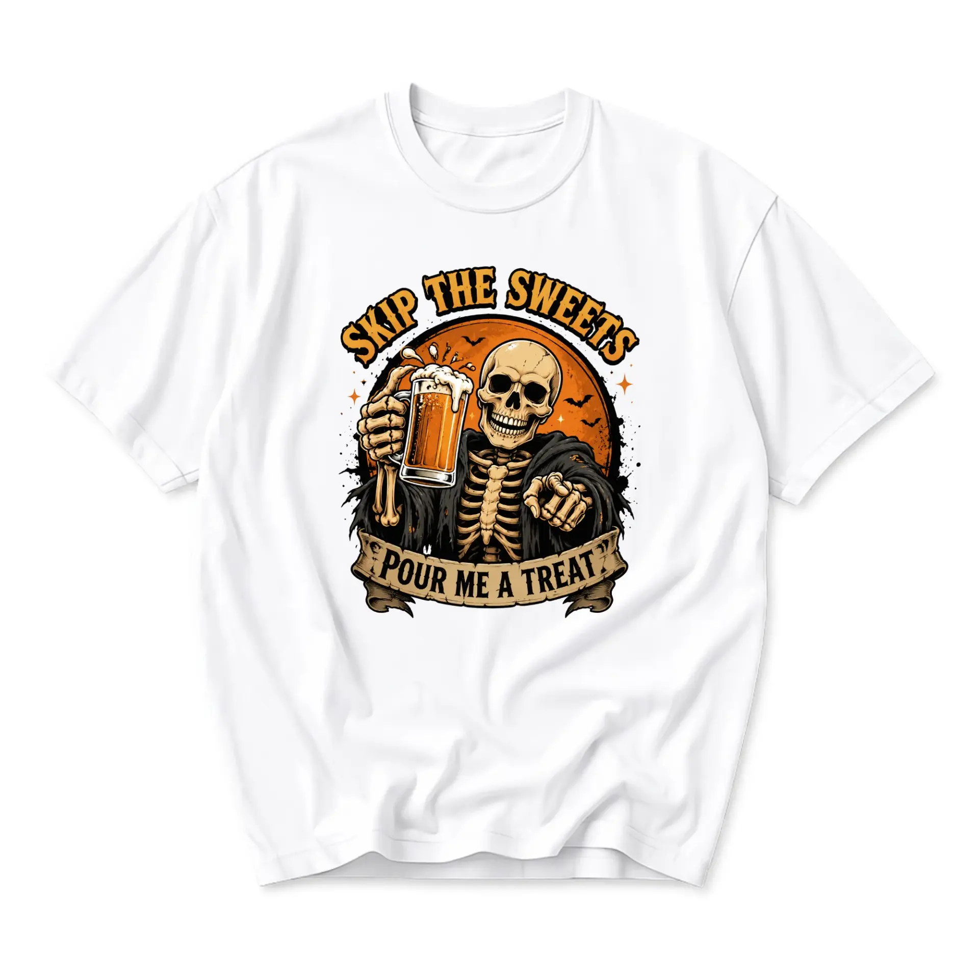 Funny Shirt Skip the Sweets Pour Me a Treat Skeleton Beer Graphic Tee Unisex Casual Crew Neck Comfortable Cotton Top