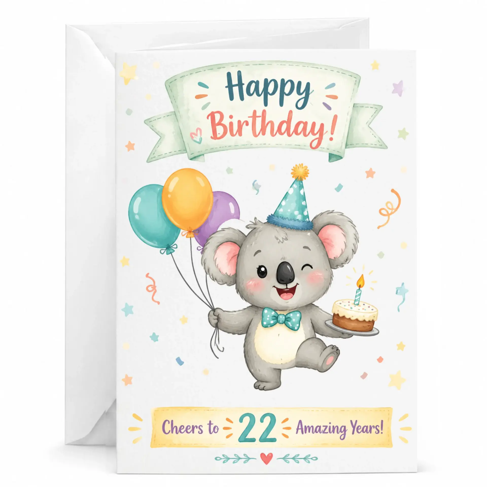 Birthday Card 22nd Birthday Greeting Card Featuring Cute Illustrated Koala with Balloons and Cake for Twenty Second Year