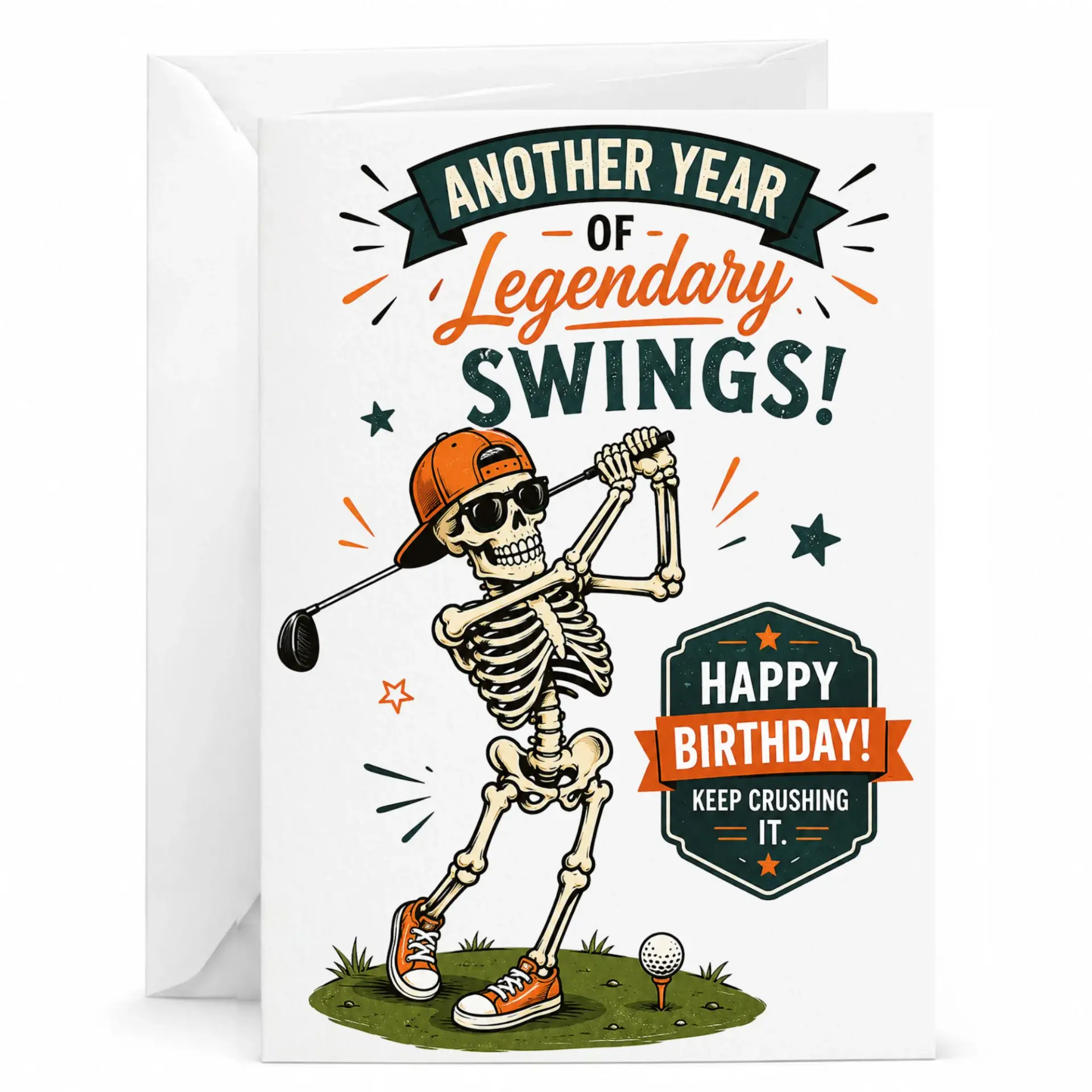 Birthday Card for Golfer Funny Golf Skeleton Illustration Greeting Sports Fans with Matching White Envelope