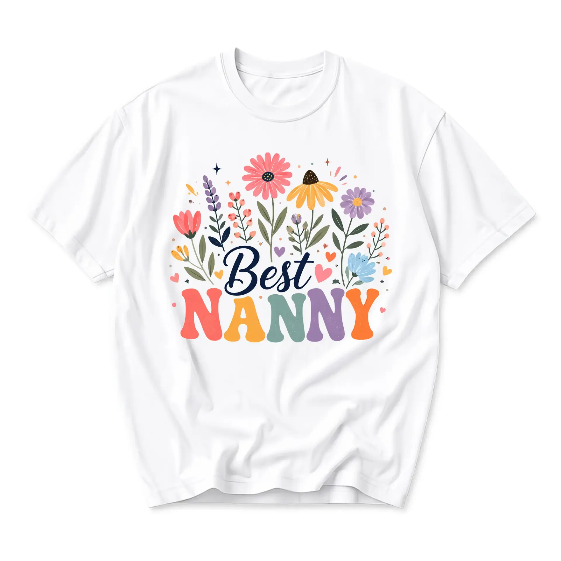 T-shirt Best Nanny Floral Graphic Print Soft Everyday Casual Crew Neck Unisex Cotton Blend Shirt for Women and Men