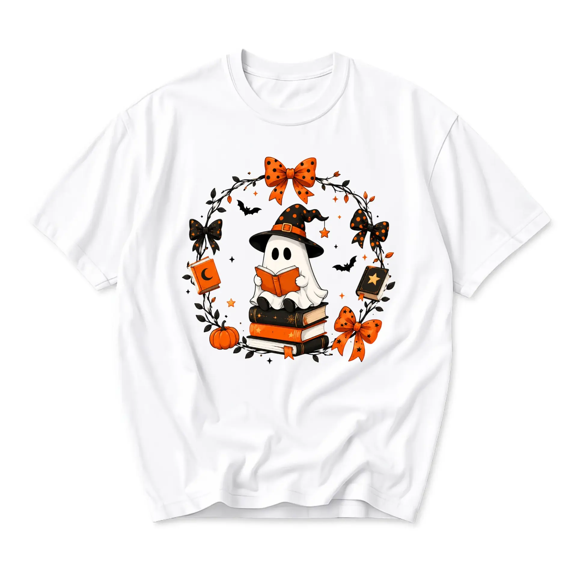 Graphic Tee Ghost Reading Books on Stack Pumpkin Wreath Print Casual Unisex Crew Neck Short Sleeve Cotton T-Shirt