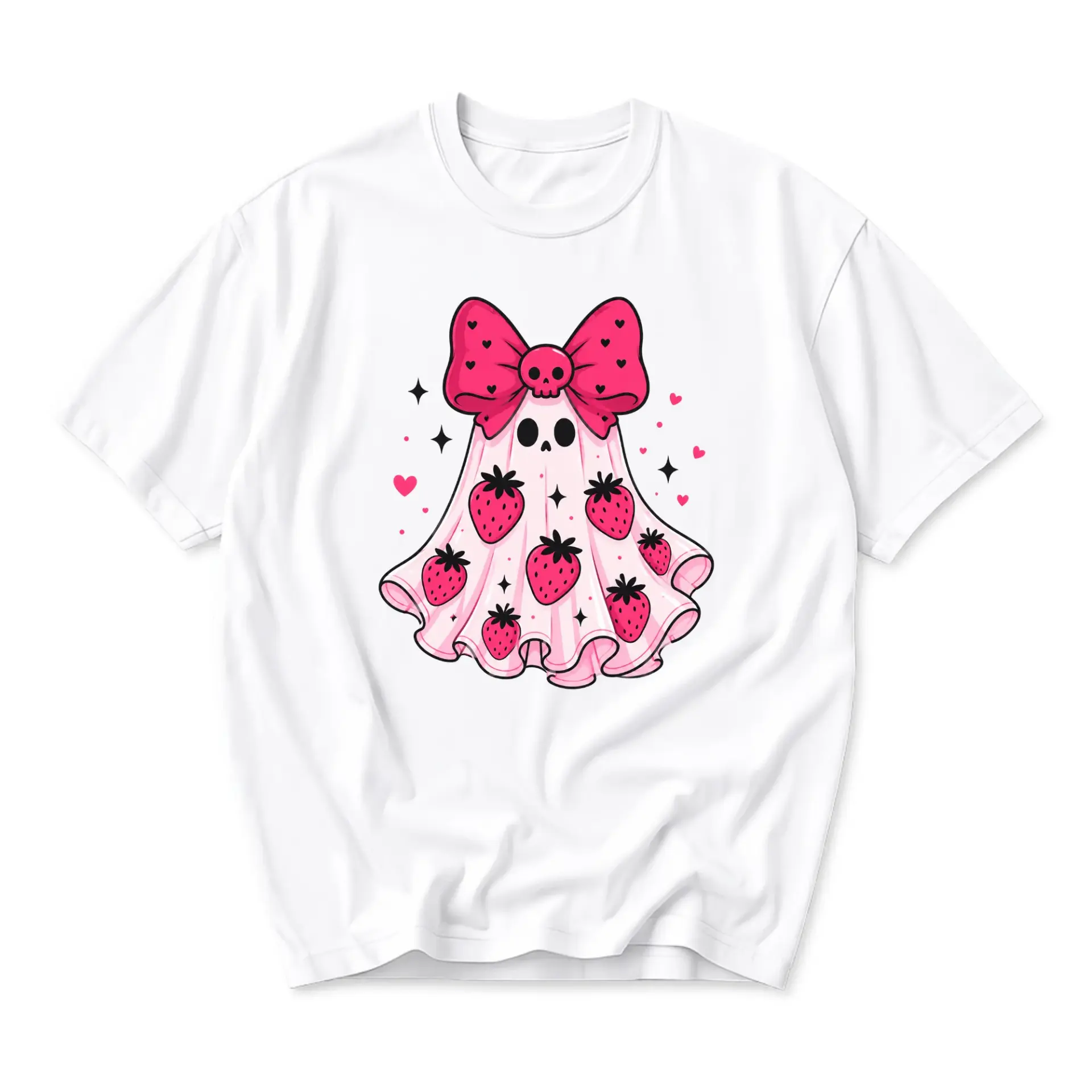 Graphic Tee Strawberry Ghost Shirt Cute Kawaii Spooky Aesthetic Apparel Unisex Crew Neck Casual Cotton Blend Top