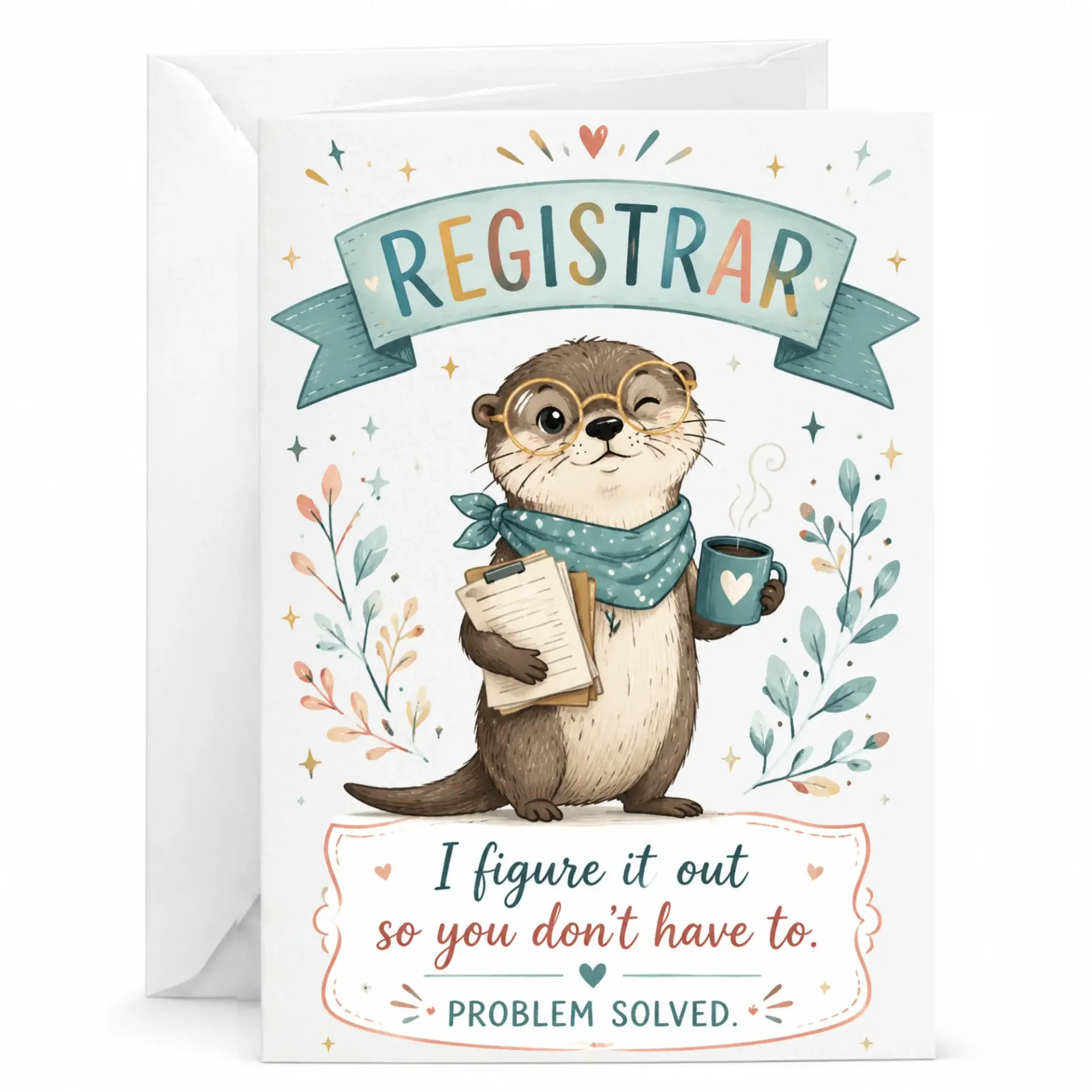 Funny Registrar Greeting Card with Envelope, Whimsical Otter Appreciation Gift for Office Administrator or Staff