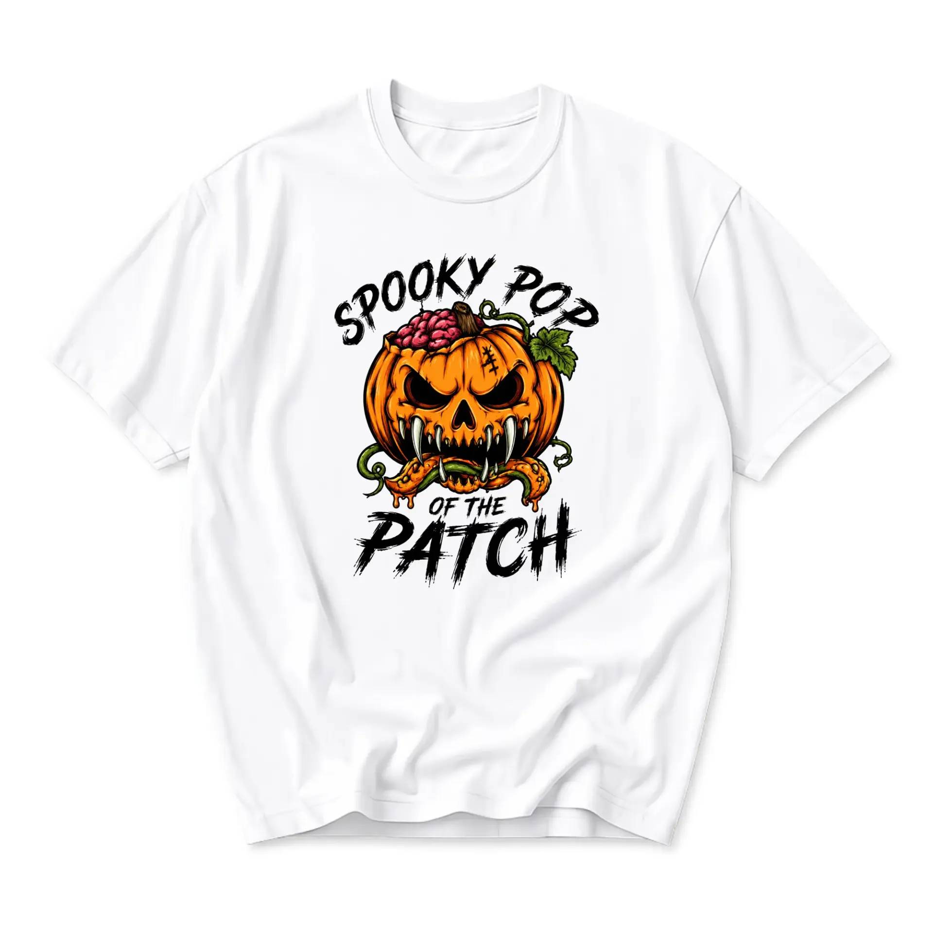 Funny Shirt Spooky Pop of the Patch Halloween Graphic Tee Unisex Casual Crew Neck Soft Cotton Blend Apparel for Adults