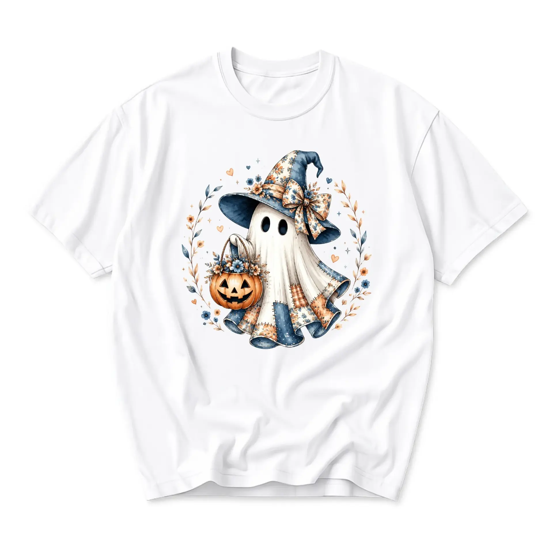 Funny Shirt Cute Ghost Witch with Pumpkin Graphic Tee Casual Unisex Crew Neck Seasonal Autumn Fall Apparel White