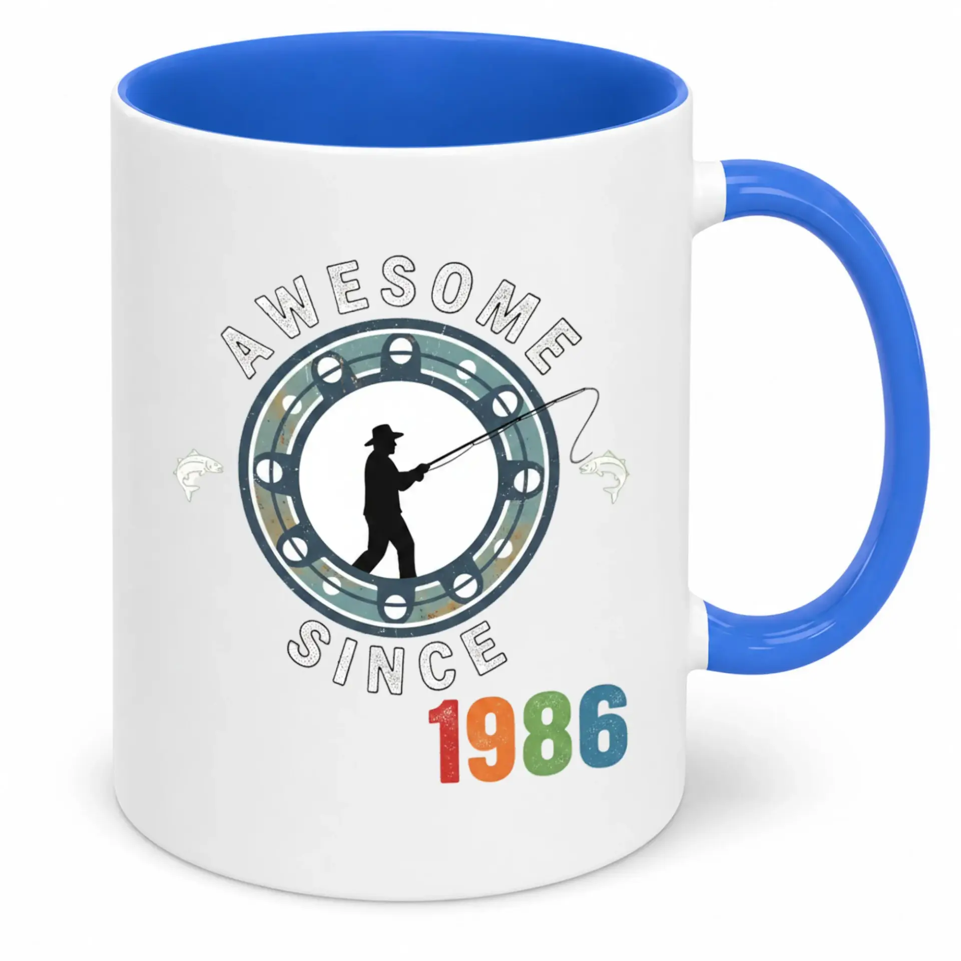 Funny 1986 Birthday Fishing Coffee Mug Awesome Since Ceramic Tea Cup Fisherman Gift Idea for Men Women Blue Handle Drinkware