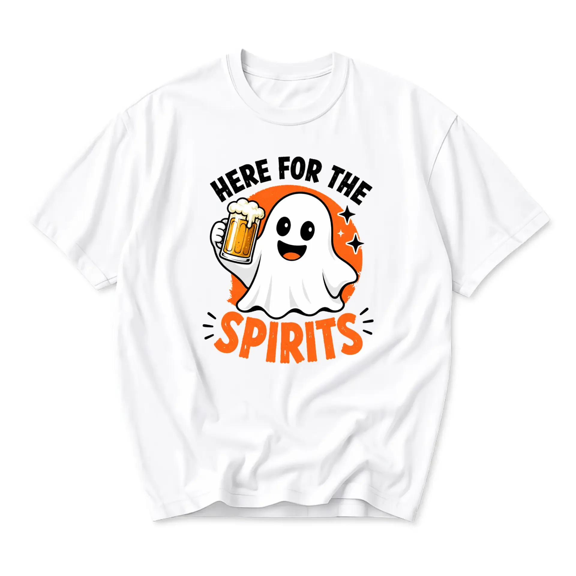 Graphic Tee Here for the Spirits Funny Ghost Drinking Beer Unisex Casual Crew Neck Soft Cotton Short Sleeve Shirt
