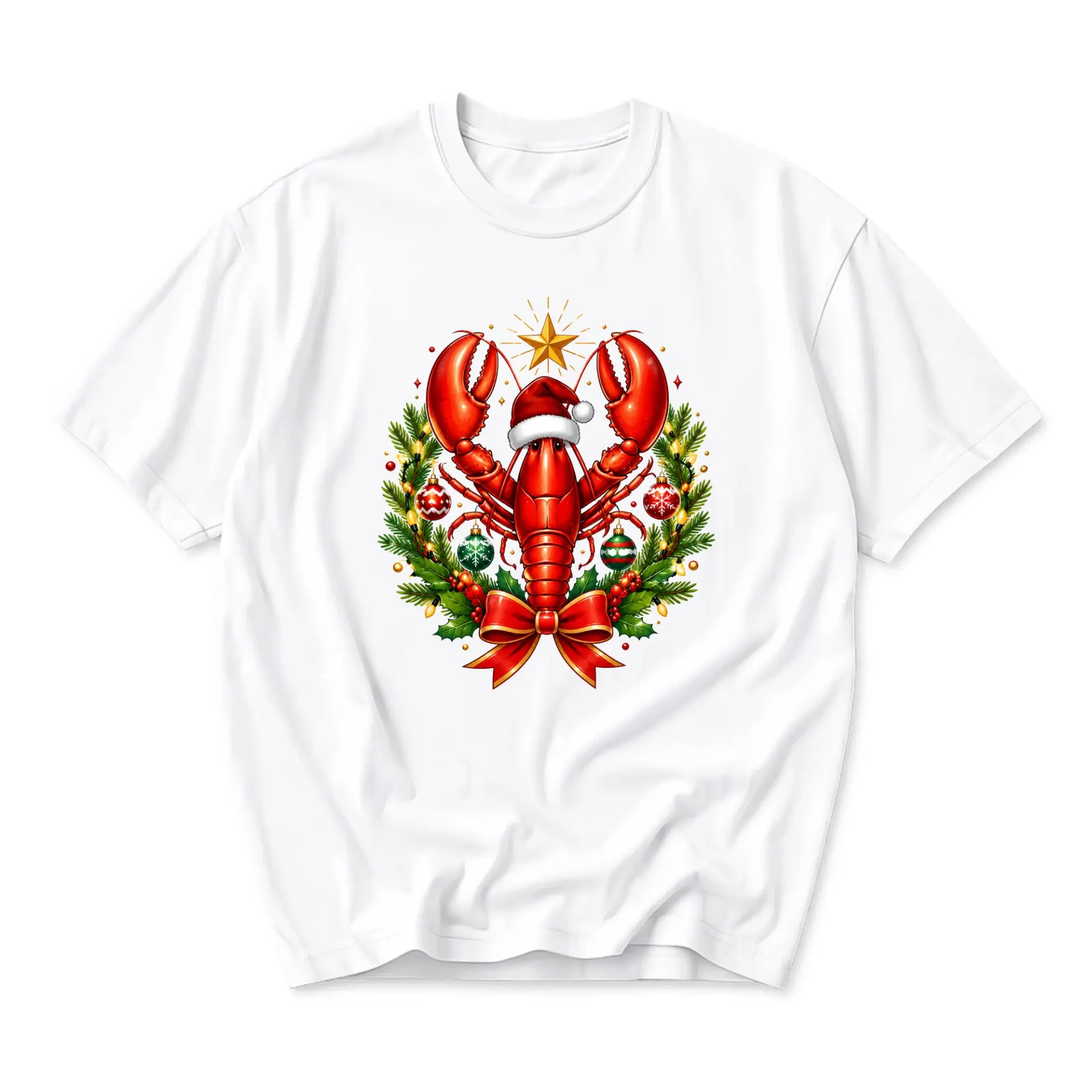 Graphic Tee Unisex Holiday Lobster Christmas Wreath Print Short Sleeve Crew Neck Cotton Blend Casual Apparel Top