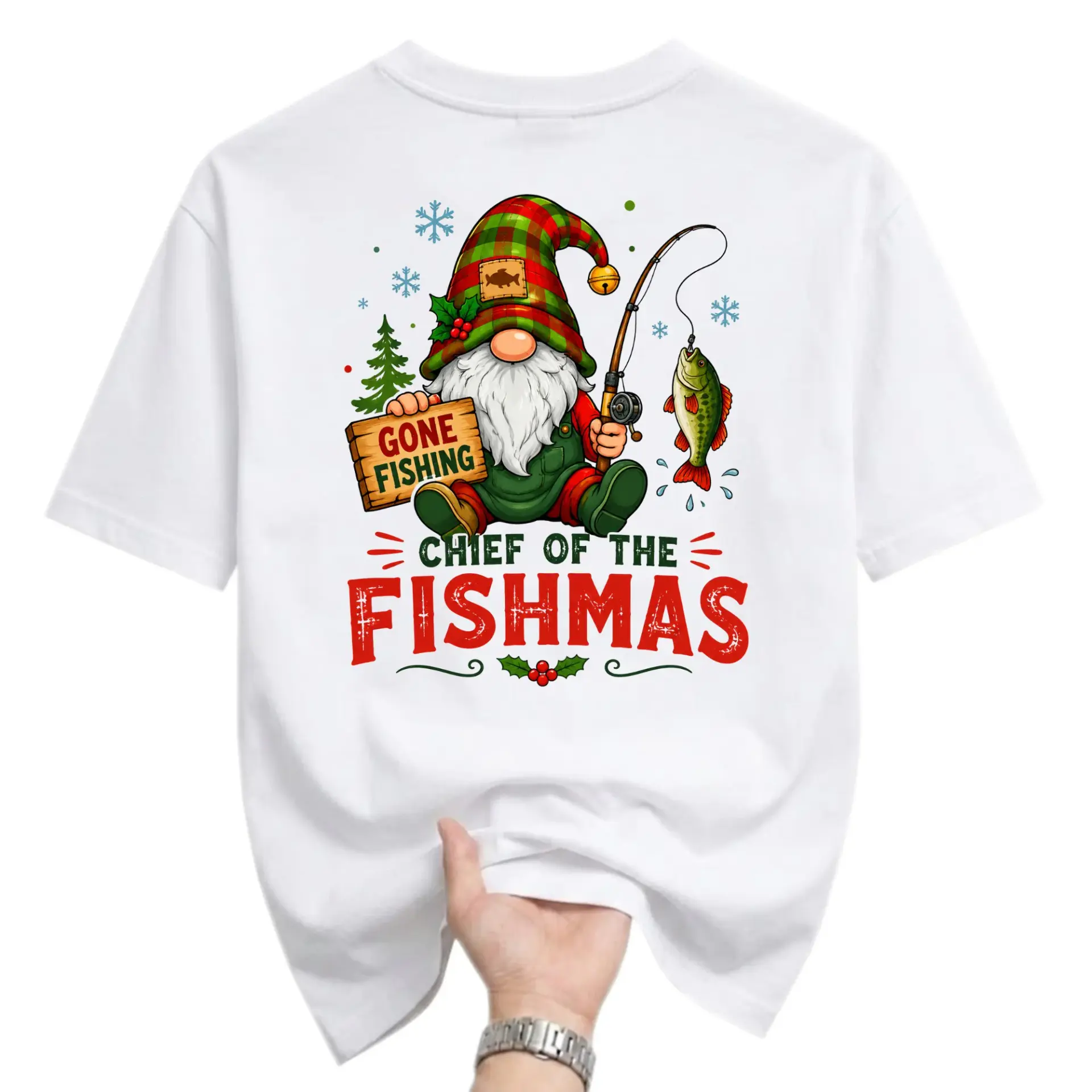 Funny Shirt Chief of the Fishmas Graphic Tee Unisex Casual Apparel Holiday Gnome Fishing Design White Crew Neck T-Shirt