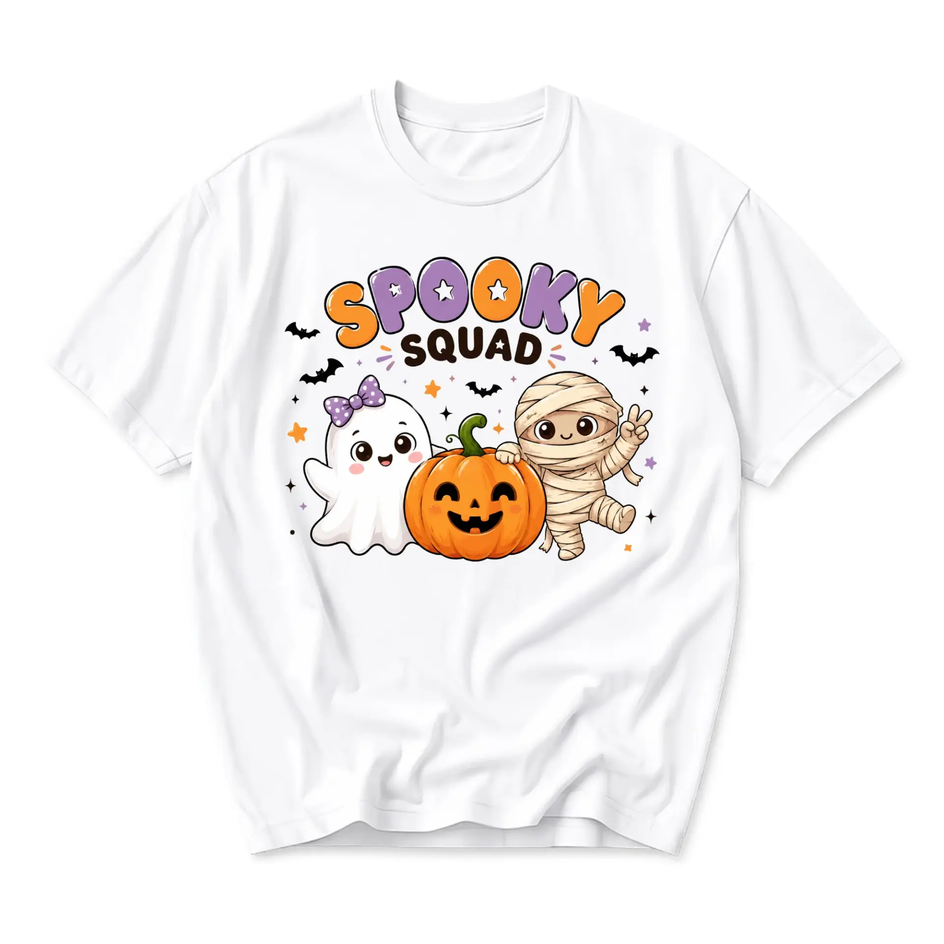 Funny Shirt Spooky Squad Graphic Tee for Seasonal Casual Wear Featuring Cute Ghost Pumpkin and Mummy Illustration