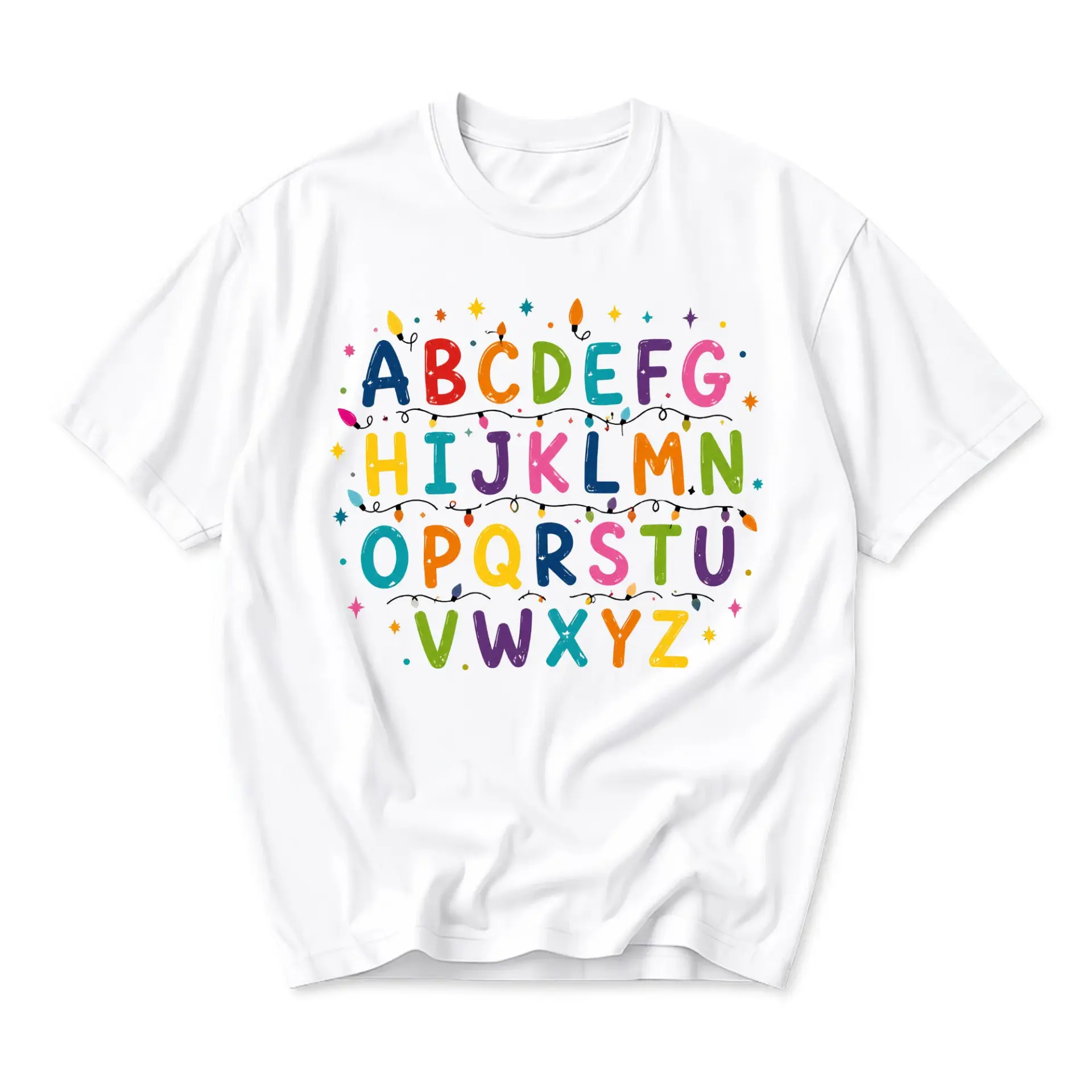 Graphic Tee Alphabet Letters Design with Colorful Festive Holiday Lights