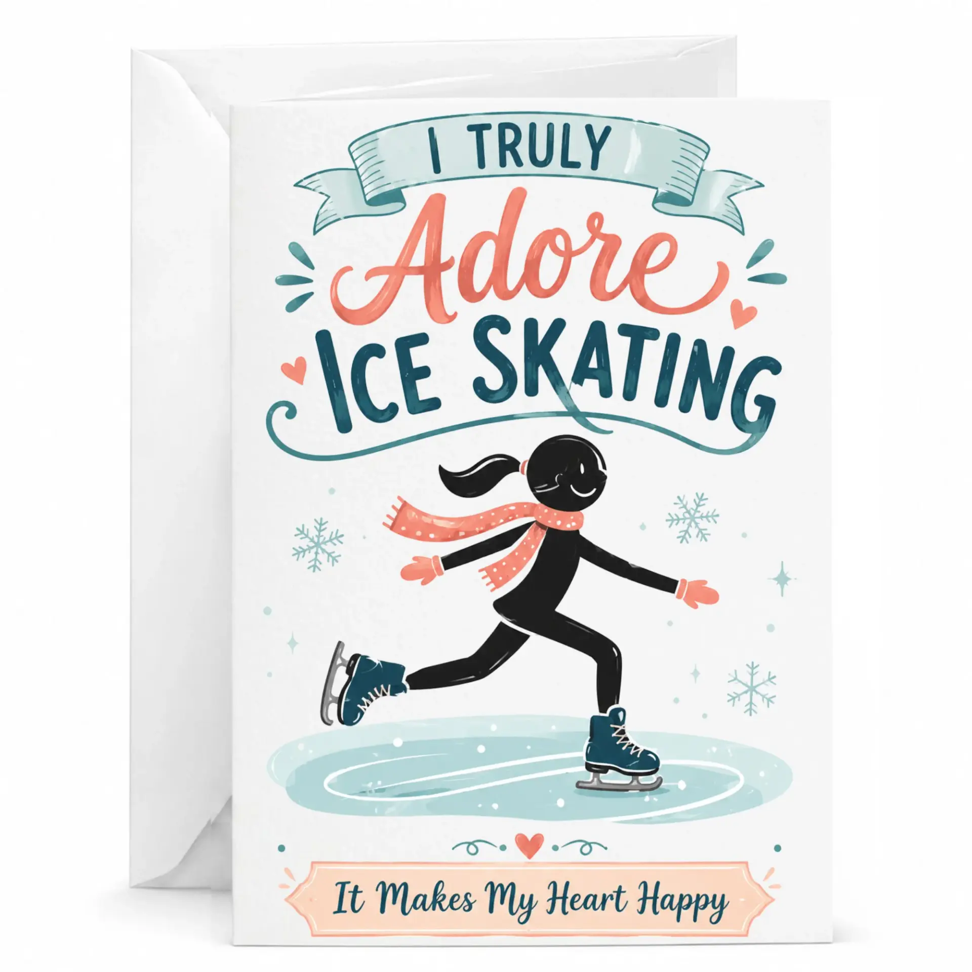 Greeting Card I Adore Ice Skating Design Whimsical Winter Figure Illustration on Premium Cardstock
