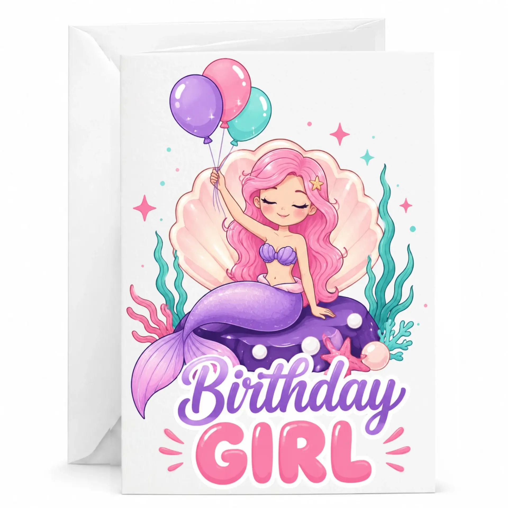 Birthday Card Featuring a Cute Mermaid Illustration with Balloons and Seashell Design Premium Folded Greeting Card