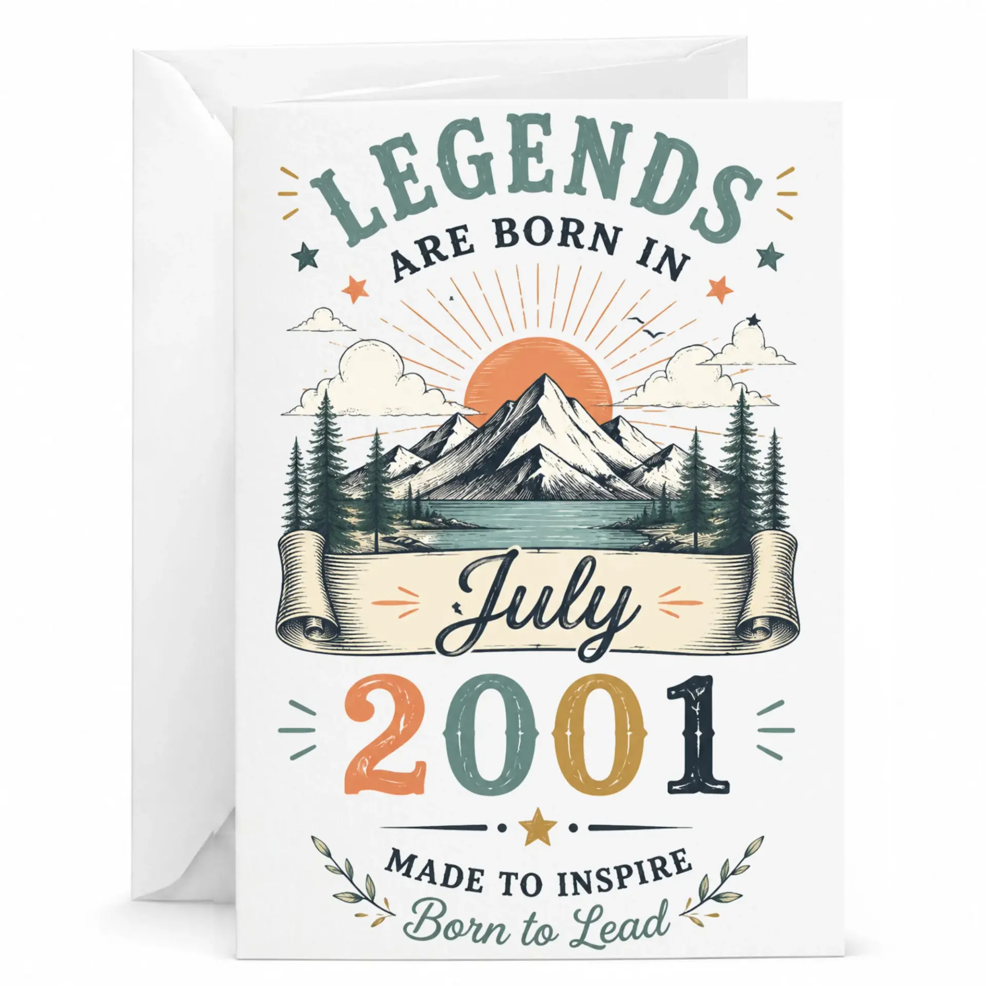 Birthday Card Legends Are Born in July 2001 Vintage Mountain Landscape Graphic Greeting Card for Milestone Celebration