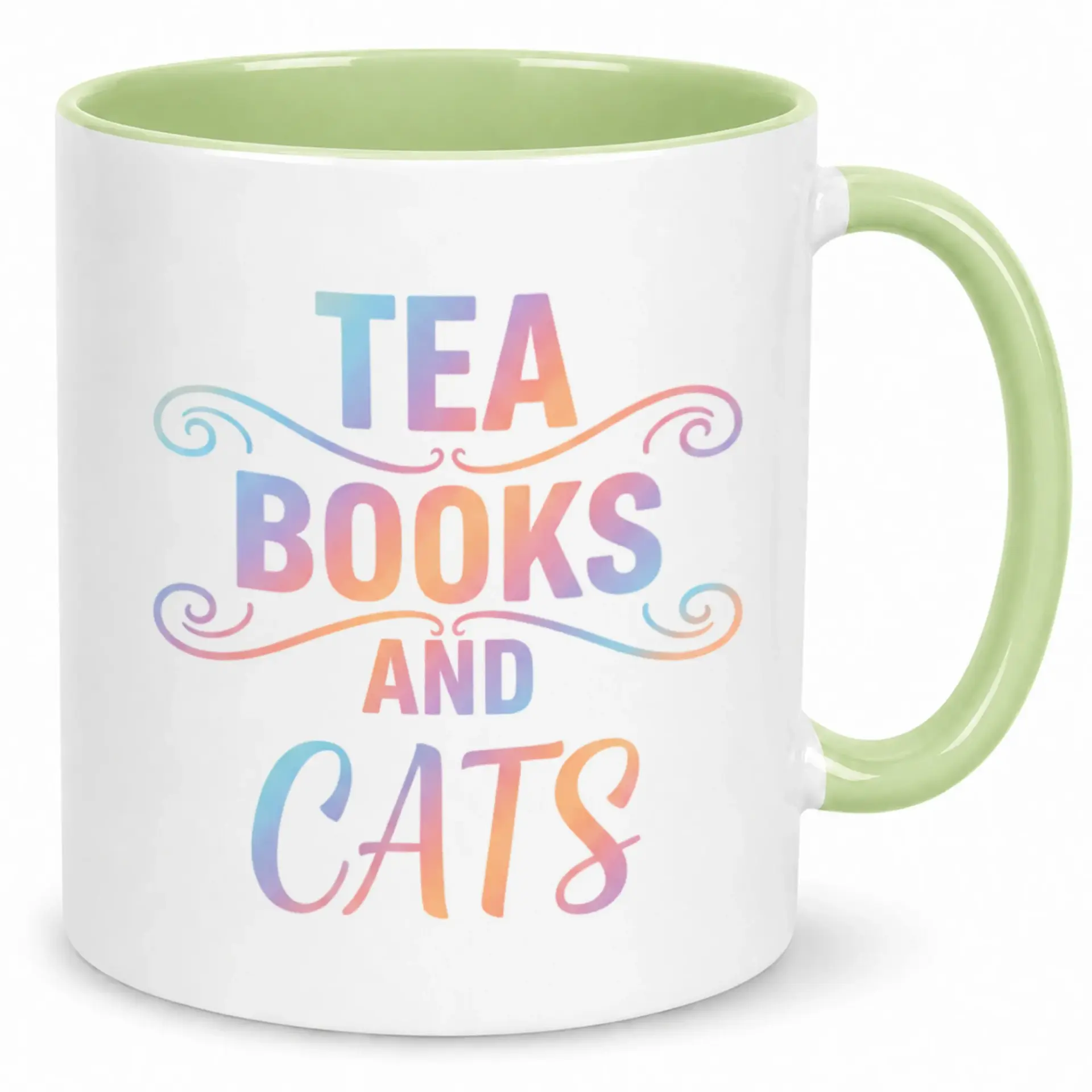 Funny Ceramic Coffee Mug for Tea Lovers, Bookworms, and Cat Enthusiasts with Colorful "tea Books and Cats" Design, 11oz or 15oz Capacity