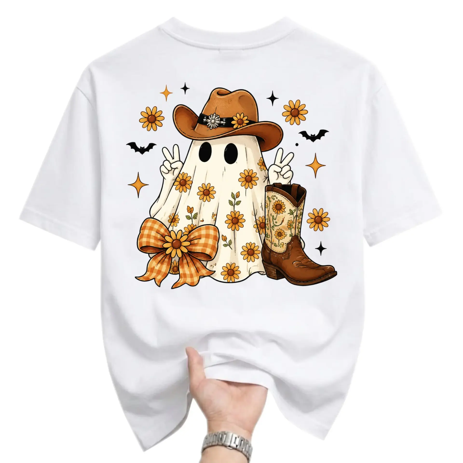 Graphic Tee Western Ghost Sunflower T-Shirt Country Halloween Crew Neck Casual Unisex Short Sleeve Cotton Shirt