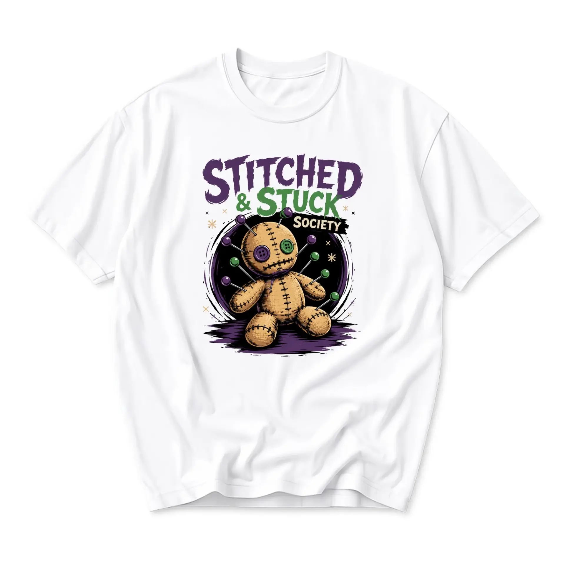 Graphic Tee Stitched and Stuck Society Voodoo Doll Illustration Unisex Crew Neck Comfortable Casual Cotton Blend Shirt