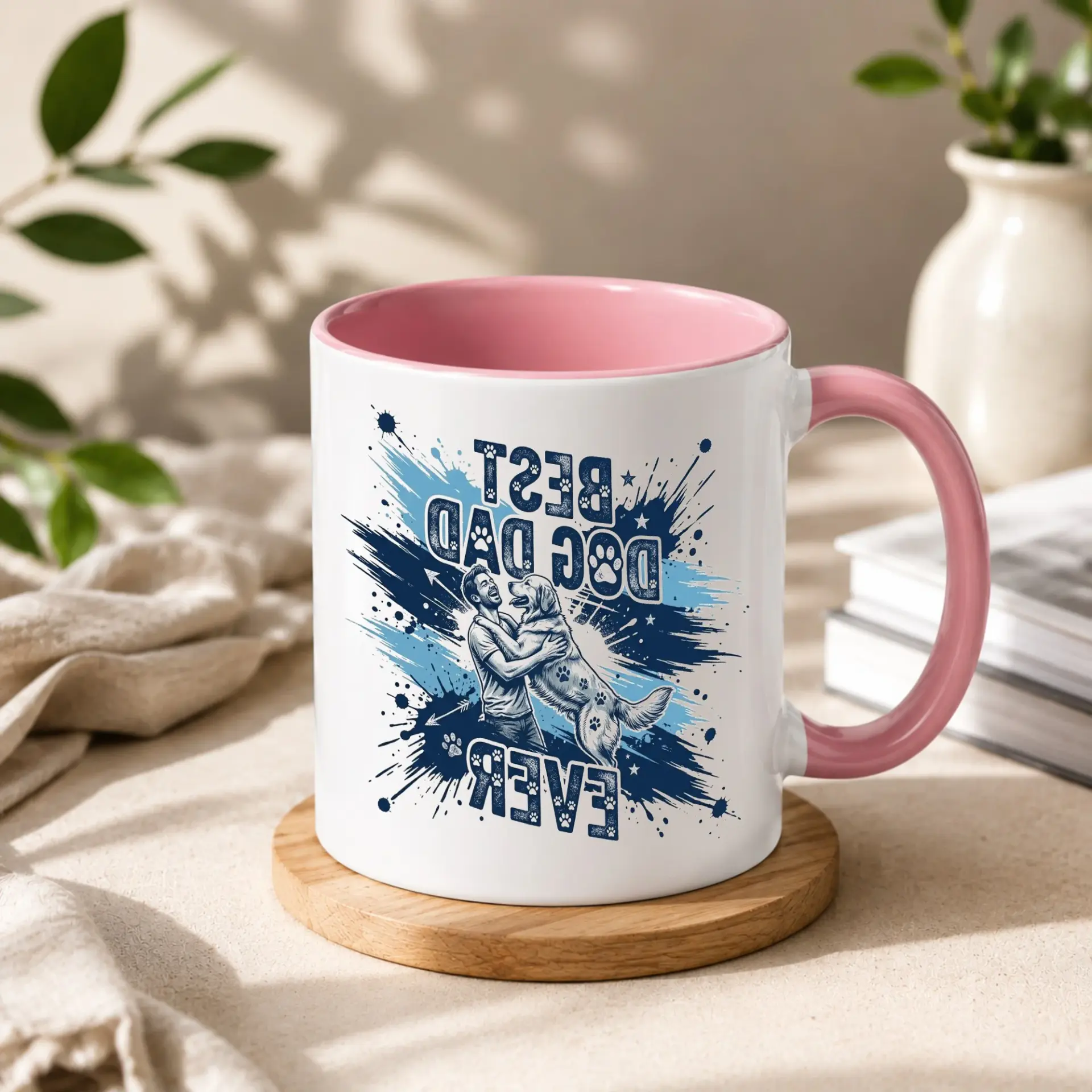 Best Dog Dad Ever Ceramic Coffee Mug with Blue Handle and Rim Design for Pet Owners Lovers Morning Drinkware