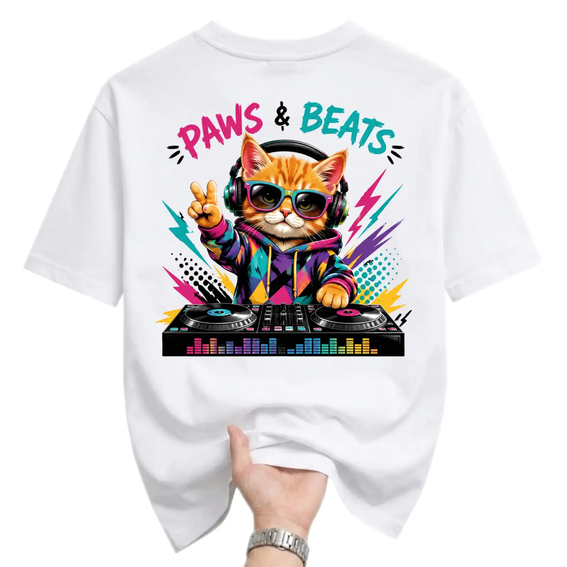 Graphic Tee Paws and Beats Dj Cat T-Shirt Featuring Vibrant Music Loving Kitten Wearing Headphones and Retro Sunglasses