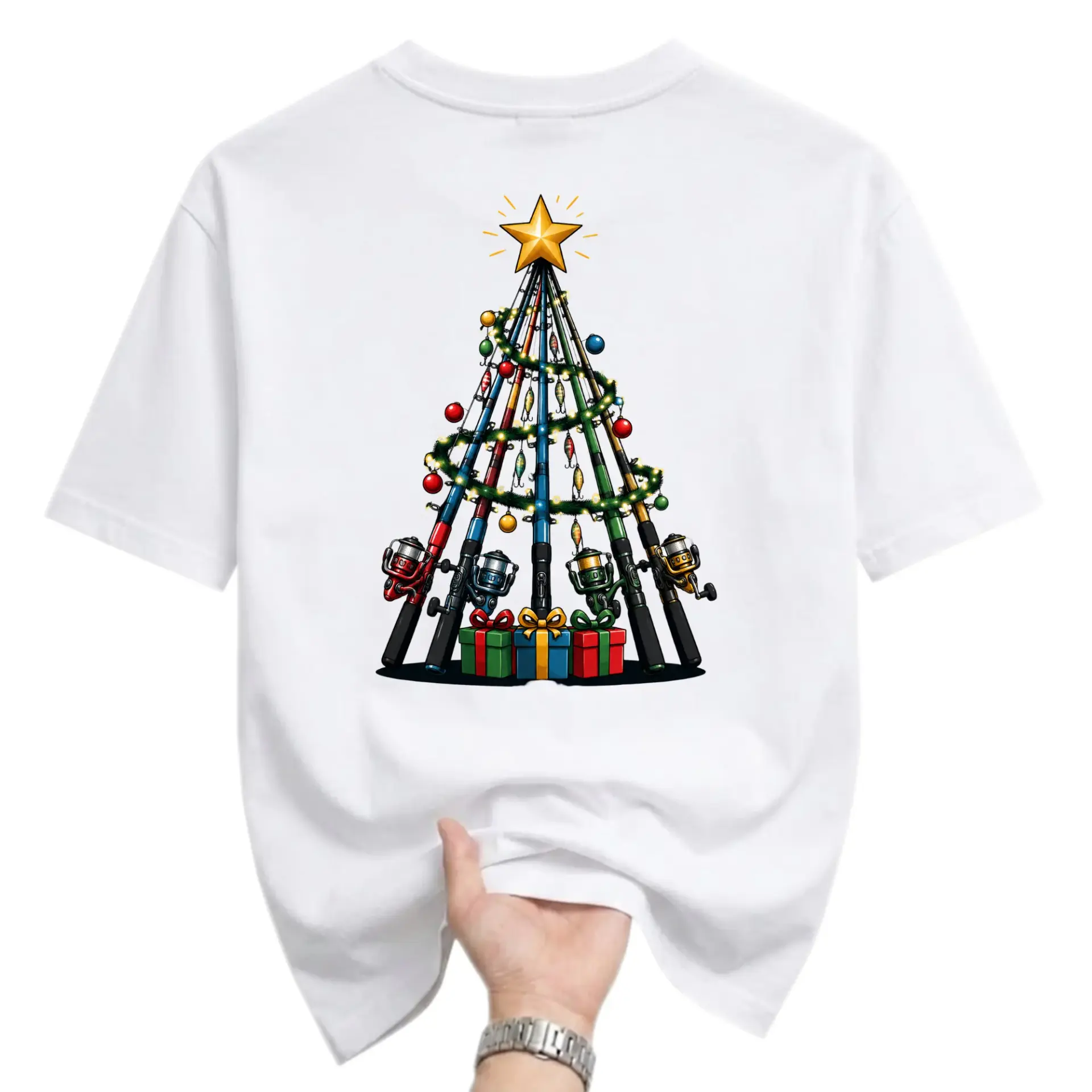 Funny Shirt Fishing Rod Christmas Tree Graphic Tee Unisex Casual Apparel for Outdoor Enthusiasts and Holiday Season