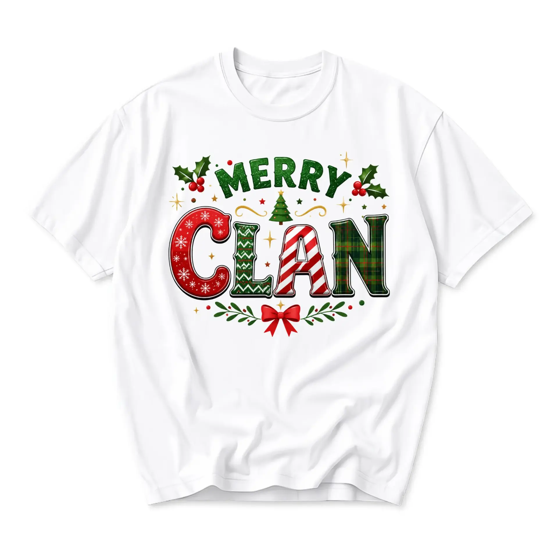 Graphic Tee Merry Clan Christmas Shirt Unisex Crew Neck Holiday Apparel for Family Matching Casual Winter Wear