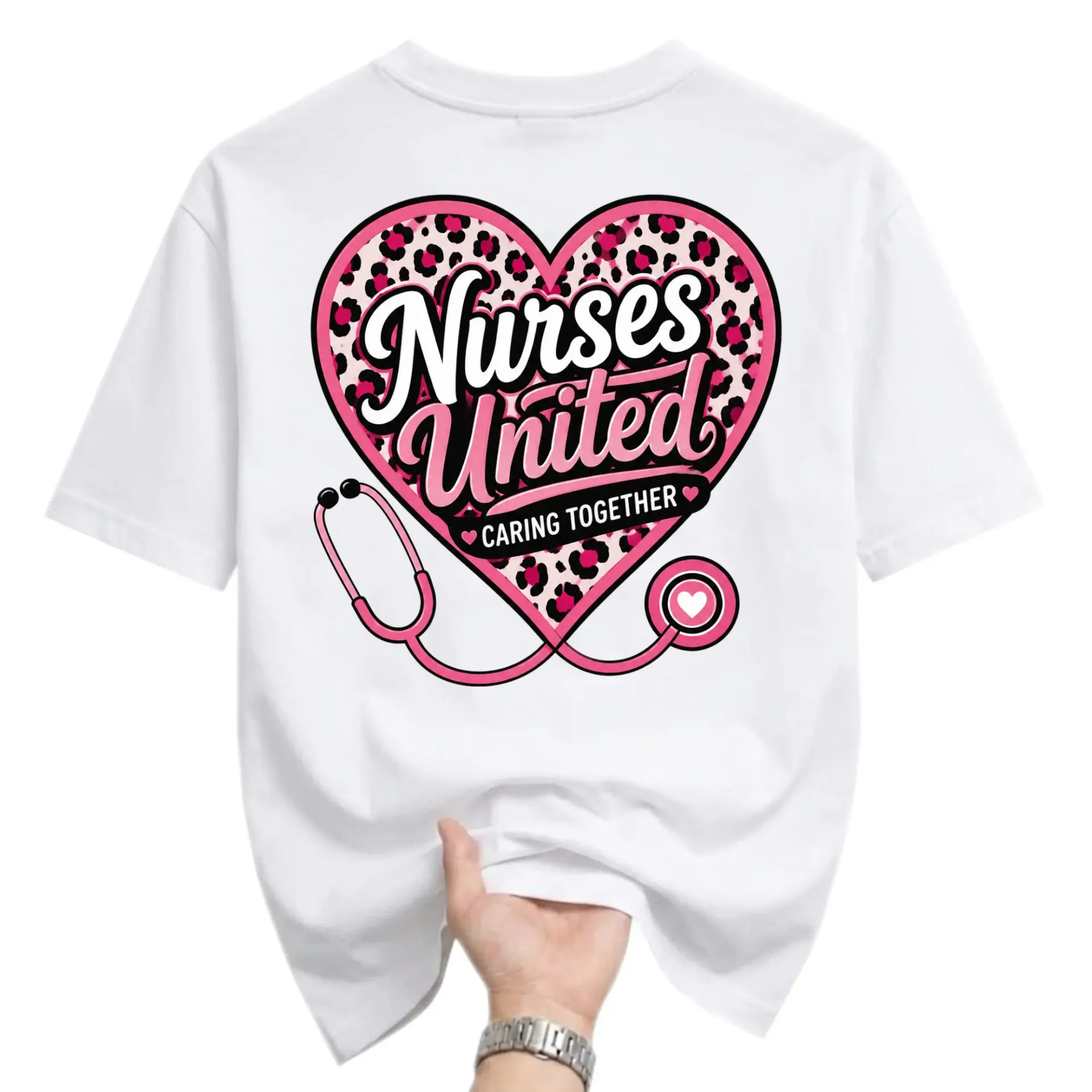 T-shirt Nurses United Caring Together Graphic Tee Heart Stethoscope Design Unisex Cotton Blend Casual Apparel White