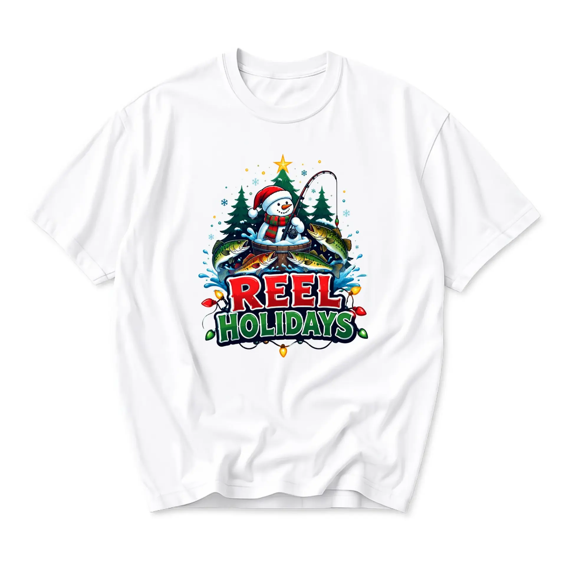 Graphic Tee Reel Holidays Fishing Snowman Christmas Unisex Crew Neck Short Sleeve Shirt for Casual Winter Everyday Wear